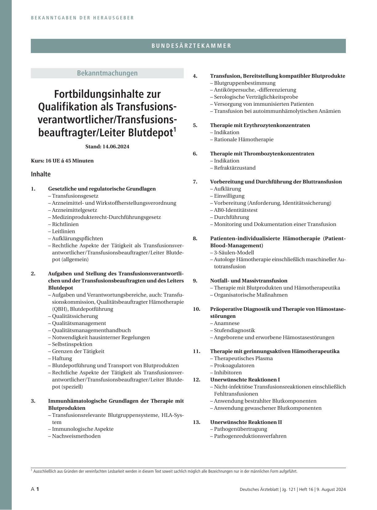 Vorschauseite 1: Fortbildungsinhalte zur Qualifikation als Transfusionsverantwortlicher/Transfusionsbeauftragter/Leiter Blutdepot.