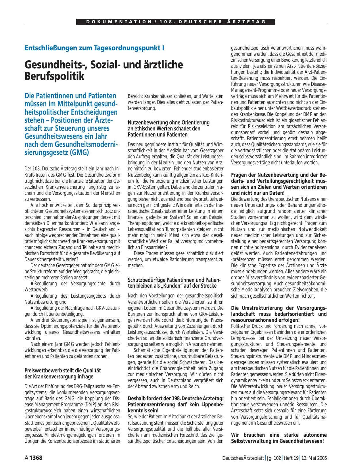 Vorschauseite 1: Entschließungen zum Tagesordnungspunkt I: Gesundheits-, Sozialund ärztliche Berufspolitik