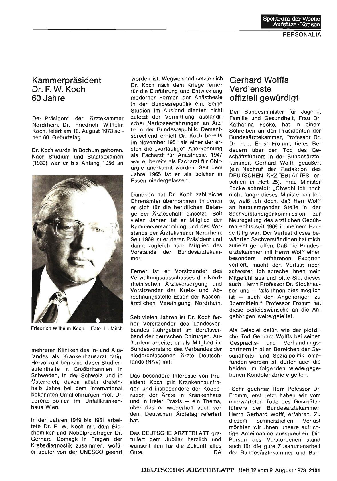 Vorschauseite 1: Kammerpräsident Dr. F. W. Koch 60 Jahre