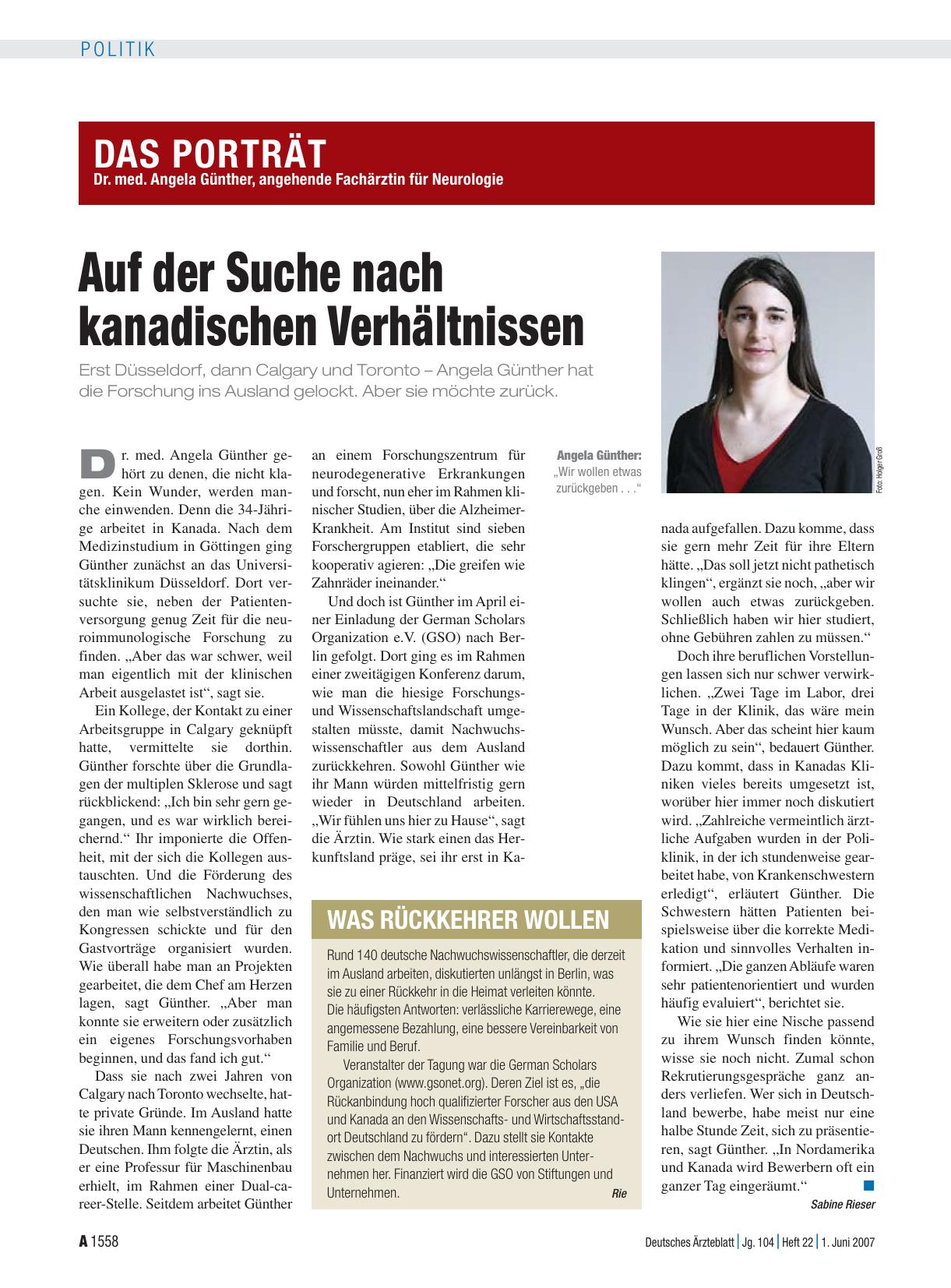 Vorschauseite 1: Das Porträt: Dr. med. Angela Günther, angehende Fachärztin für Neurologie – Auf der Suche nach kanadischen Verhältnissen