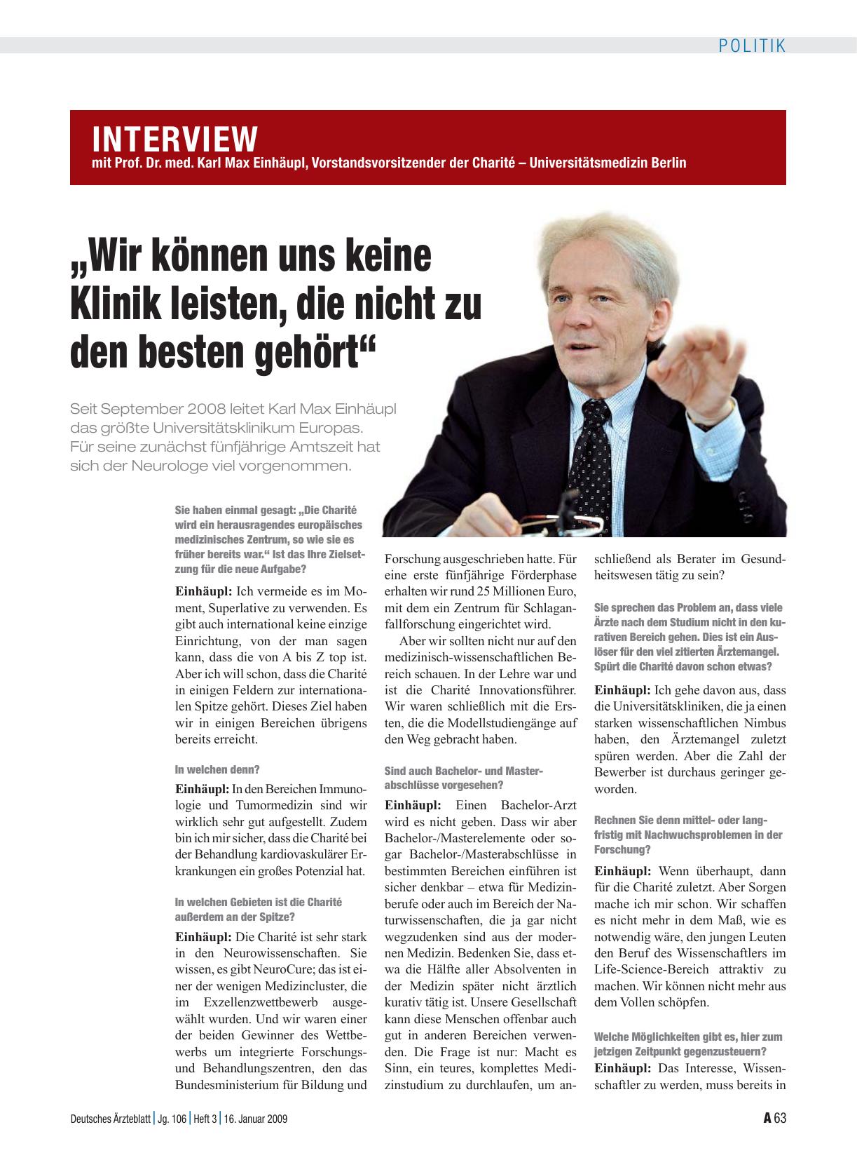 Vorschauseite 1: Interview mit Prof. Dr. med. Karl Max Einhäupl, Vorstandsvorsitzender der Charité – Universitätsmedizin Berlin: „Wir können uns keine Klinik leisten, die nicht zu den besten gehör…