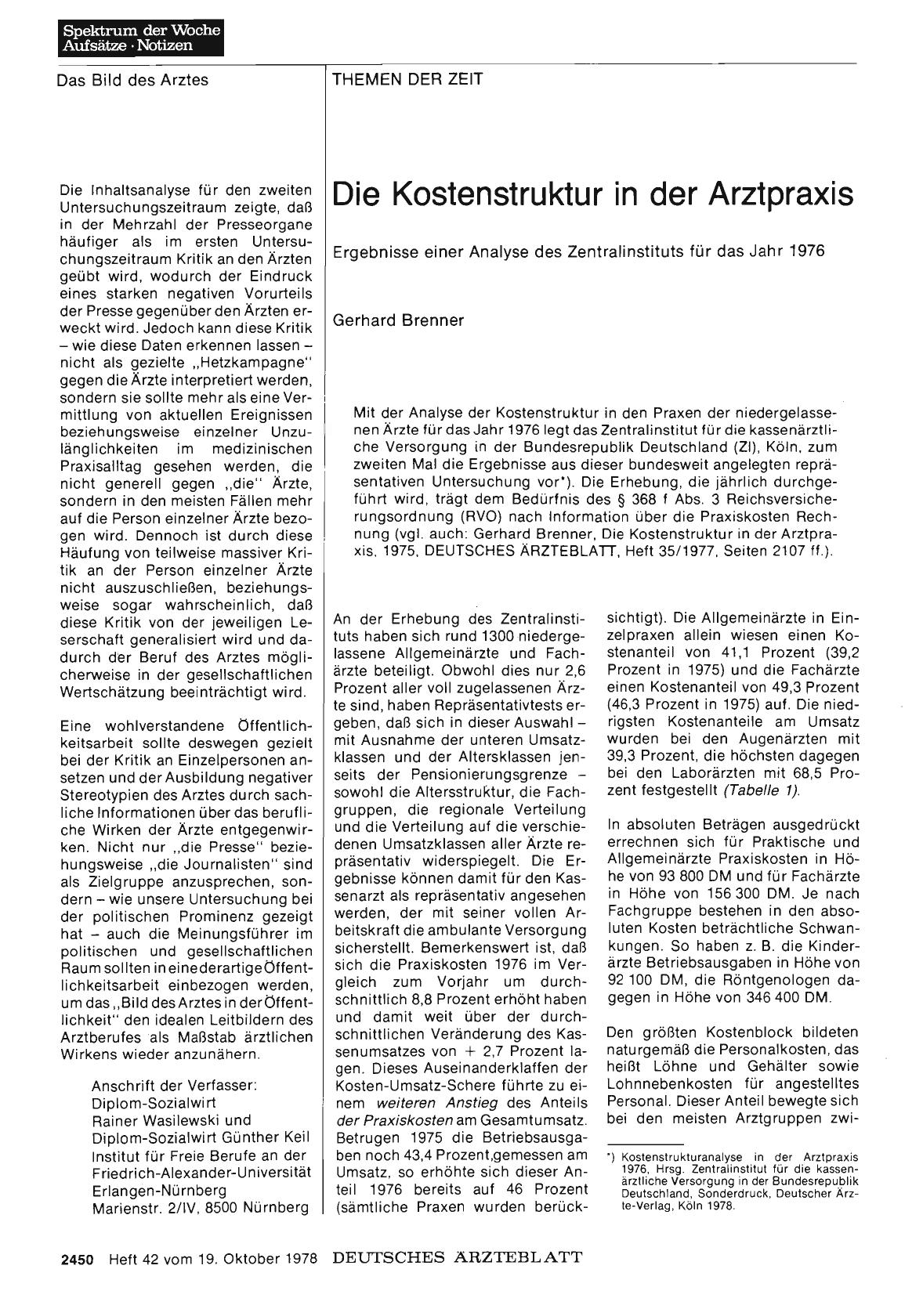 Vorschauseite 1: Die Kostenstruktur in der Arztpraxis Ergebnisse einer Analyse des Zentralinstituts für das Jahr 1976