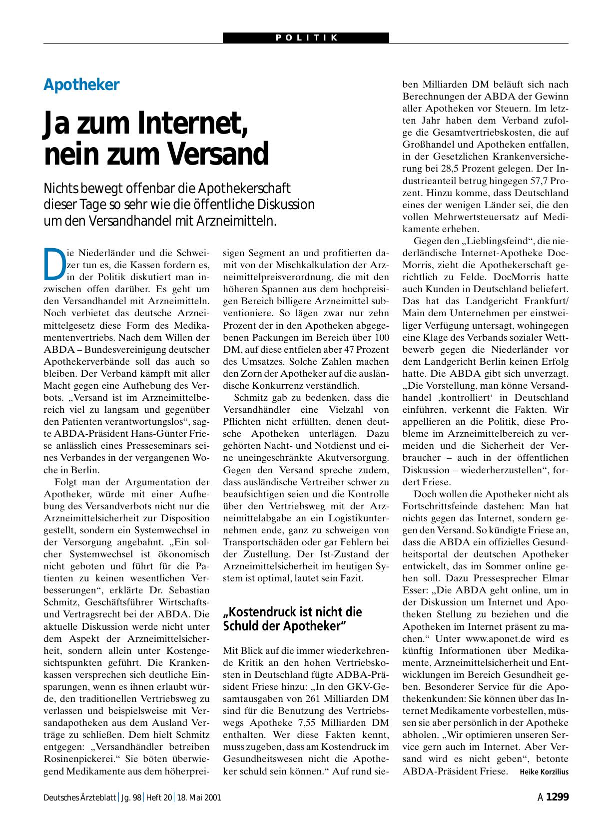 Vorschauseite 1: Apotheker: Ja zum Internet, nein zum Versand