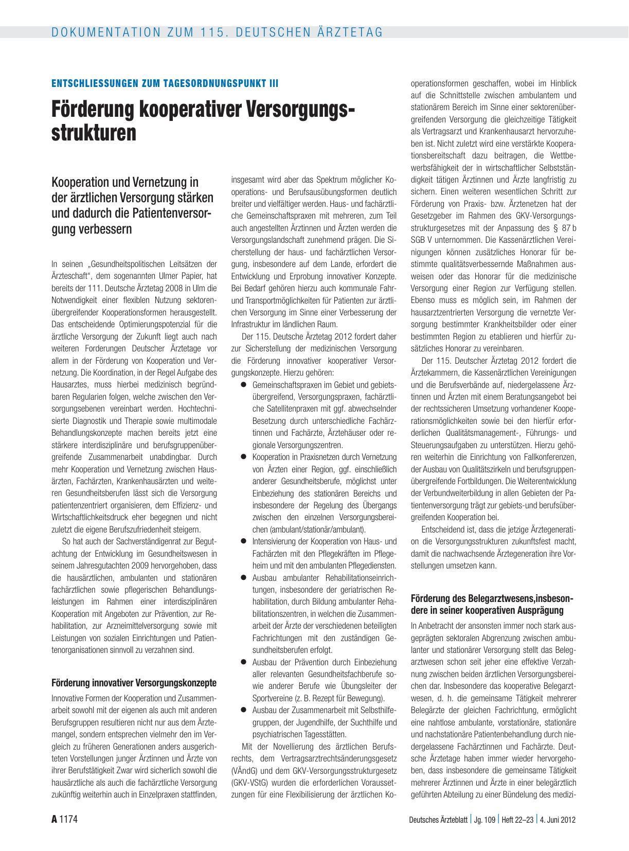 Vorschauseite 1: Entschließungen zum Tagesordnungspunkt III: Förderung kooperativer Versorgungsstrukturen