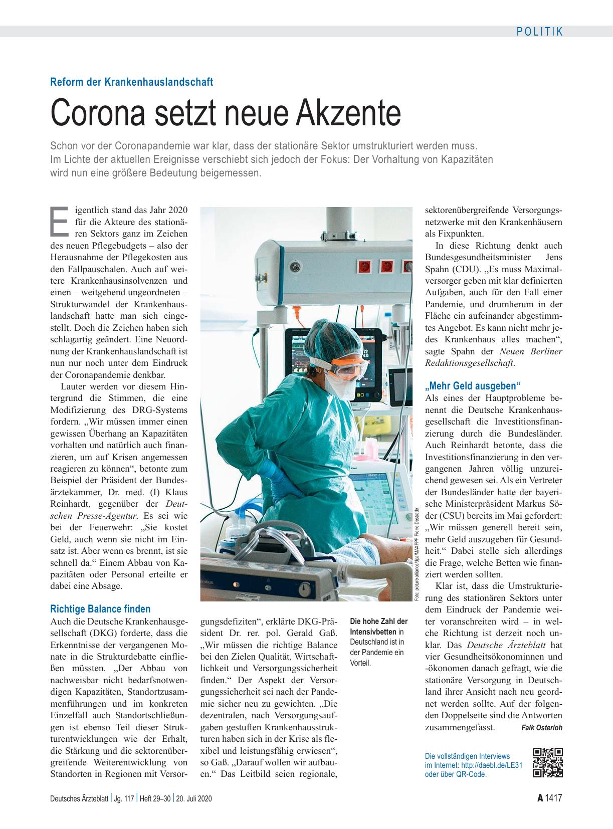 Vorschauseite 1: Reform der Krankenhauslandschaft: Corona setzt neue Akzente