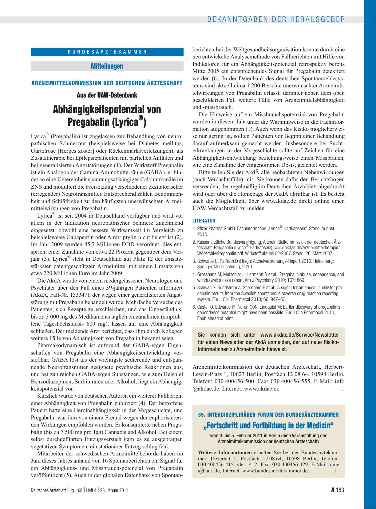 Vorschauseite 1: Arzneimittelkommission der deutschen Ärzteschaft: Aus der UAW-Datenbank Abhängigkeitspotenzial von Pregabalin (Lyrica ® )
