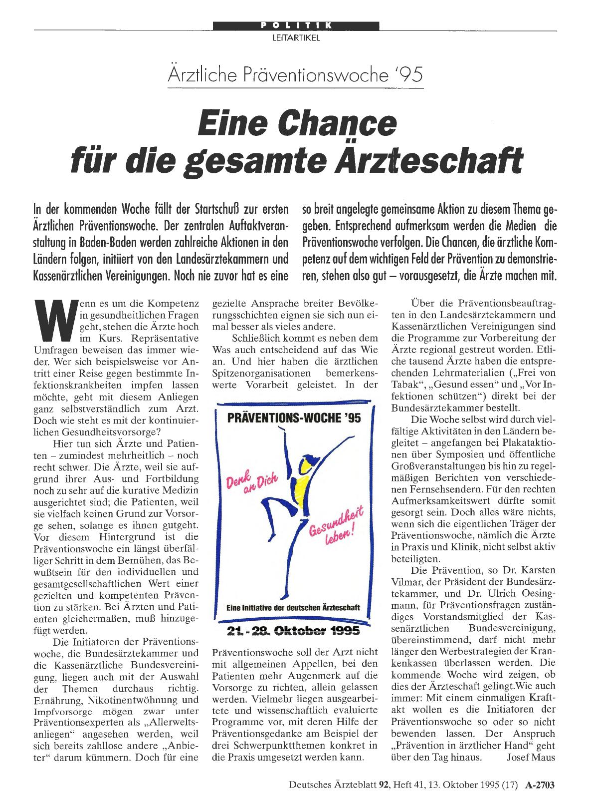 Vorschauseite 1: Ärztliche Präventionswoche '95: Eine Chance für die gesamte Ärzteschaft