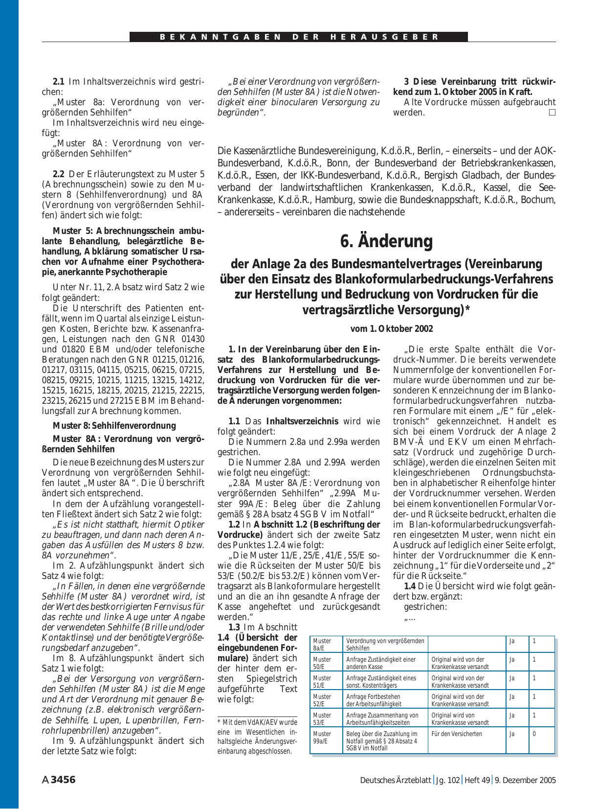 Vorschauseite 1: 6. Änderung der Anlage 2a des Bundesmantelvertrages (Vereinbarung über den Einsatz des Blankoformularbedruckungs-Verfahrens zur Herstellung und Bedruckung von Vordrucken für die v…