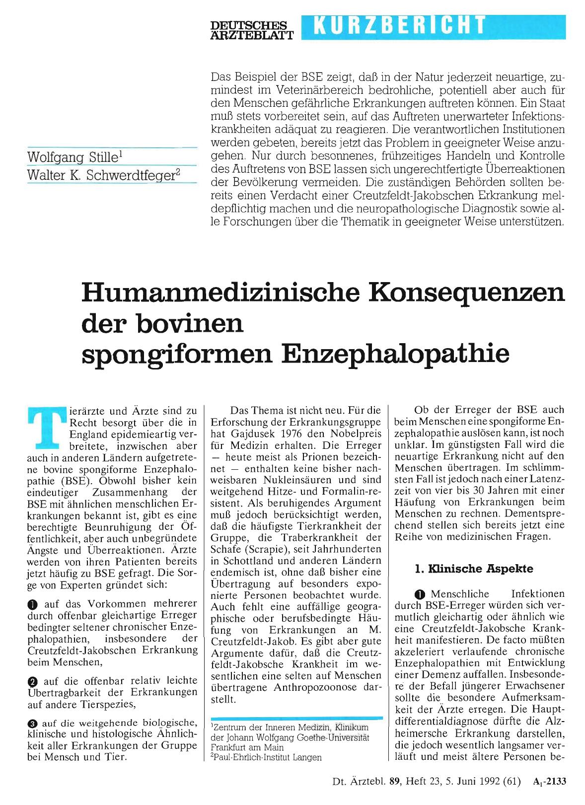 Vorschauseite 1: Humanmedizinische Konsequenzen der bovinen spongiformen Enzephalopathie