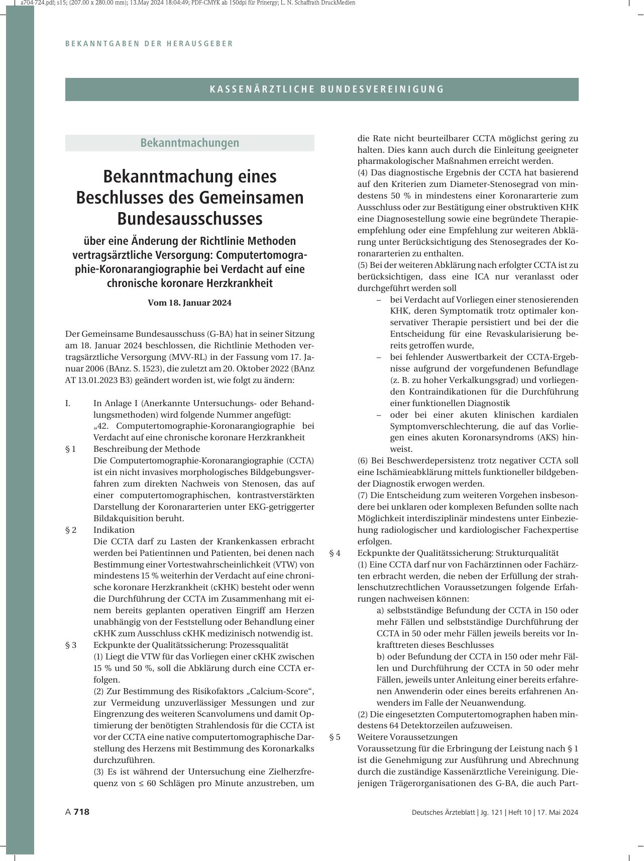 Vorschauseite 1: Bekanntmachung eines Beschlusses des Gemeinsamen Bundesausschusses über eine Änderung der Richtlinie Methoden vertragsärztliche Versorgung: Computertomographie-Koronarangiographie…