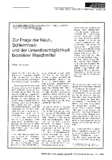 Vorschauseite 1: AUS DER ARBEIT DES WISSENSCHAFTLICHEN BEIRATS DER BUNDESÄRZTEKAMMER: Zur Frage der Haut-, Schleimhautund der Umweltverträglichkeit bioaktiver Waschmittel