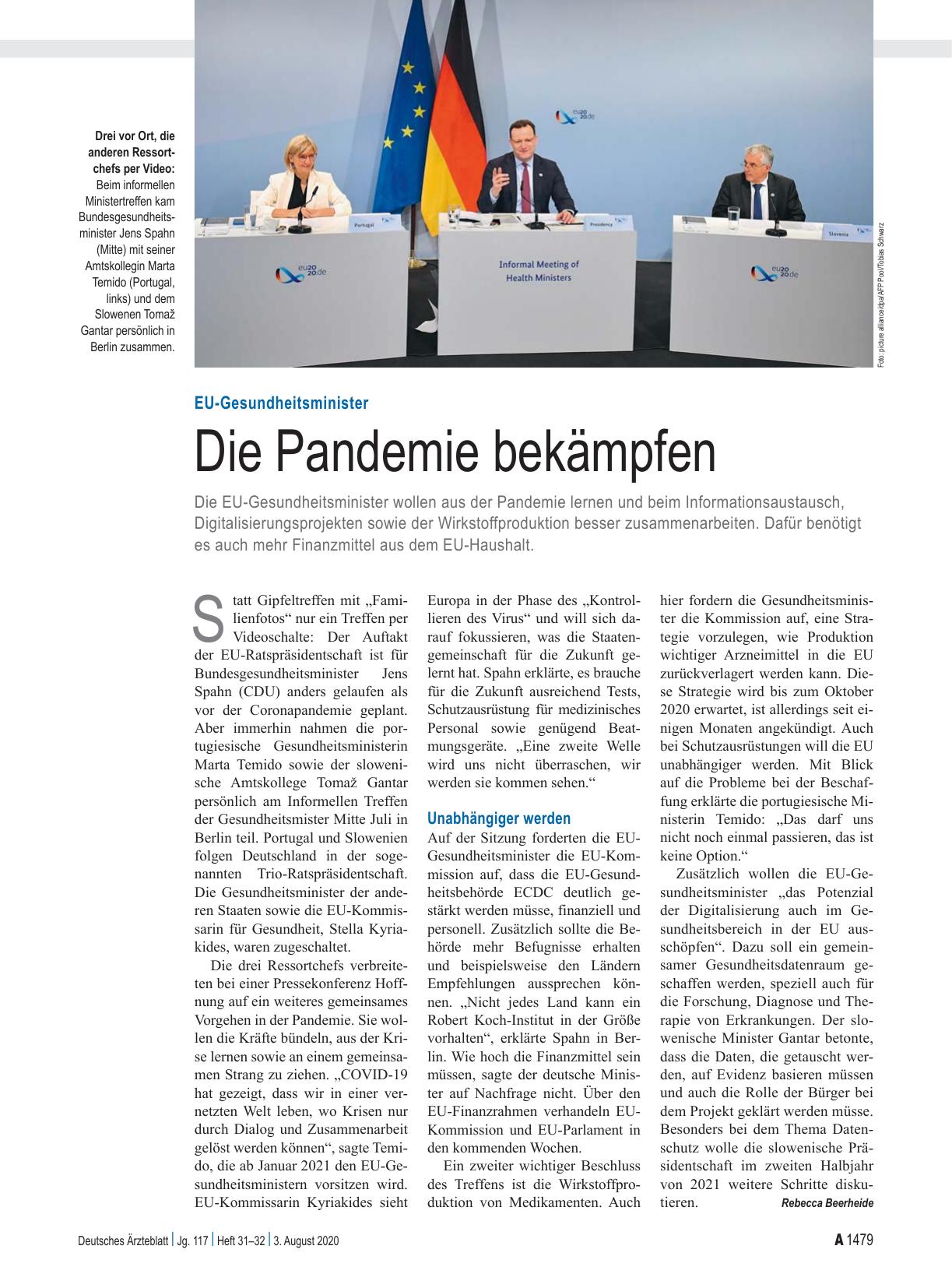 Vorschauseite 1: EU-Gesundheitsminister: Die Pandemie bekämpfen