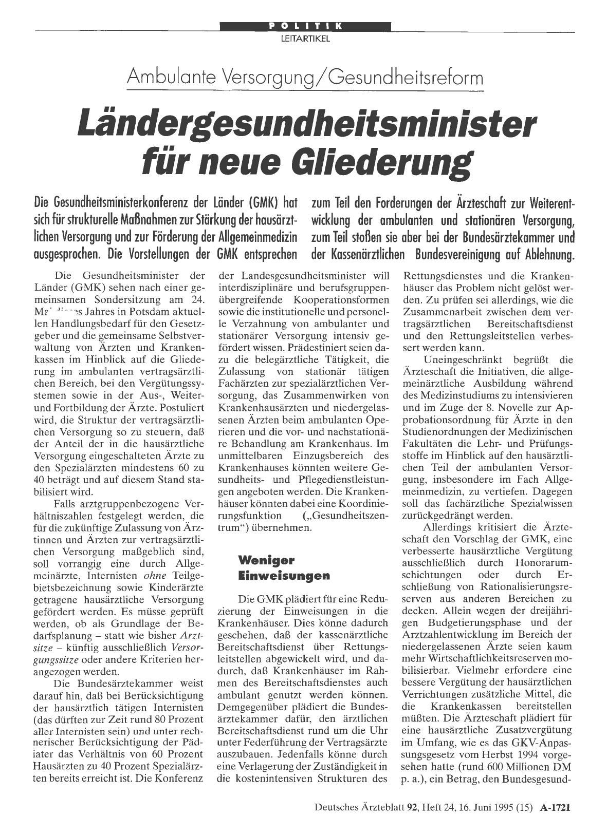 Vorschauseite 1: Ambulante Versorgung/ Gesundheitsreform: Ländergesundheitsminister für neue Gliederung