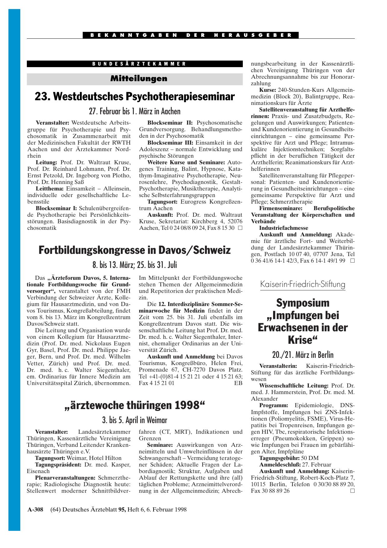 Vorschauseite 1: „ärztewoche thüringen 1998„: 3. bis 5. April in Weimar