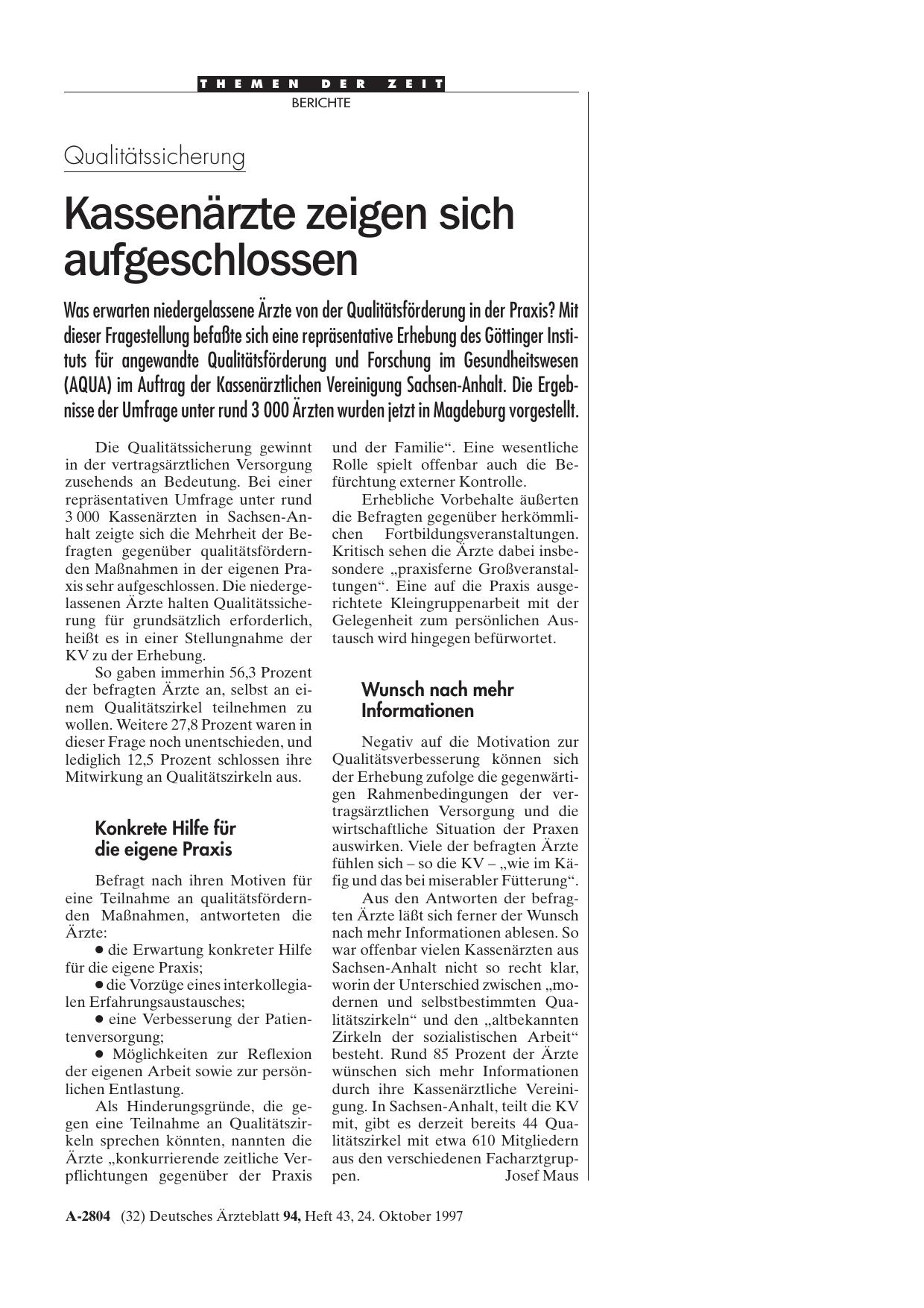 Vorschauseite 1: Qualitätssicherung: Kassenärzte zeigen sich aufgeschlossen