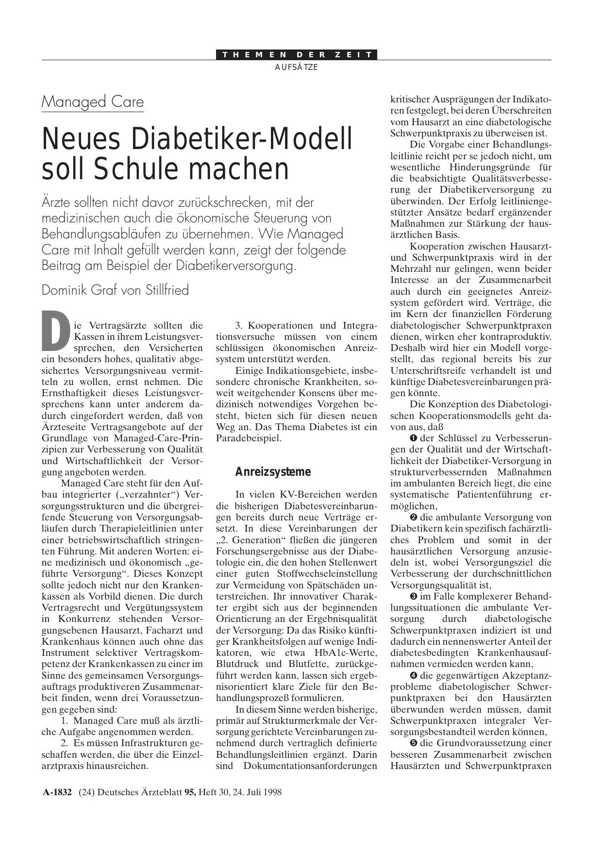 Vorschauseite 1: Managed Care: Neues Diabetiker-Modell soll Schule machen