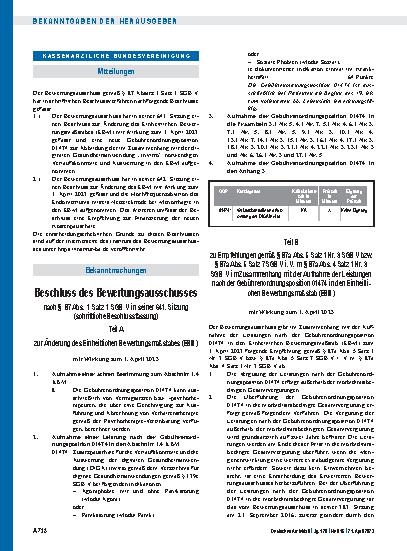 Vorschauseite 1: Beschluss des Bewertungsausschusses nach § 87 Abs. 1 Satz 1 SGB V in seiner 641. Sitzung (schriftliche Beschlussfassung): Teil A zur Änderung des Einheitlichen Bewertungsmaßstabes…