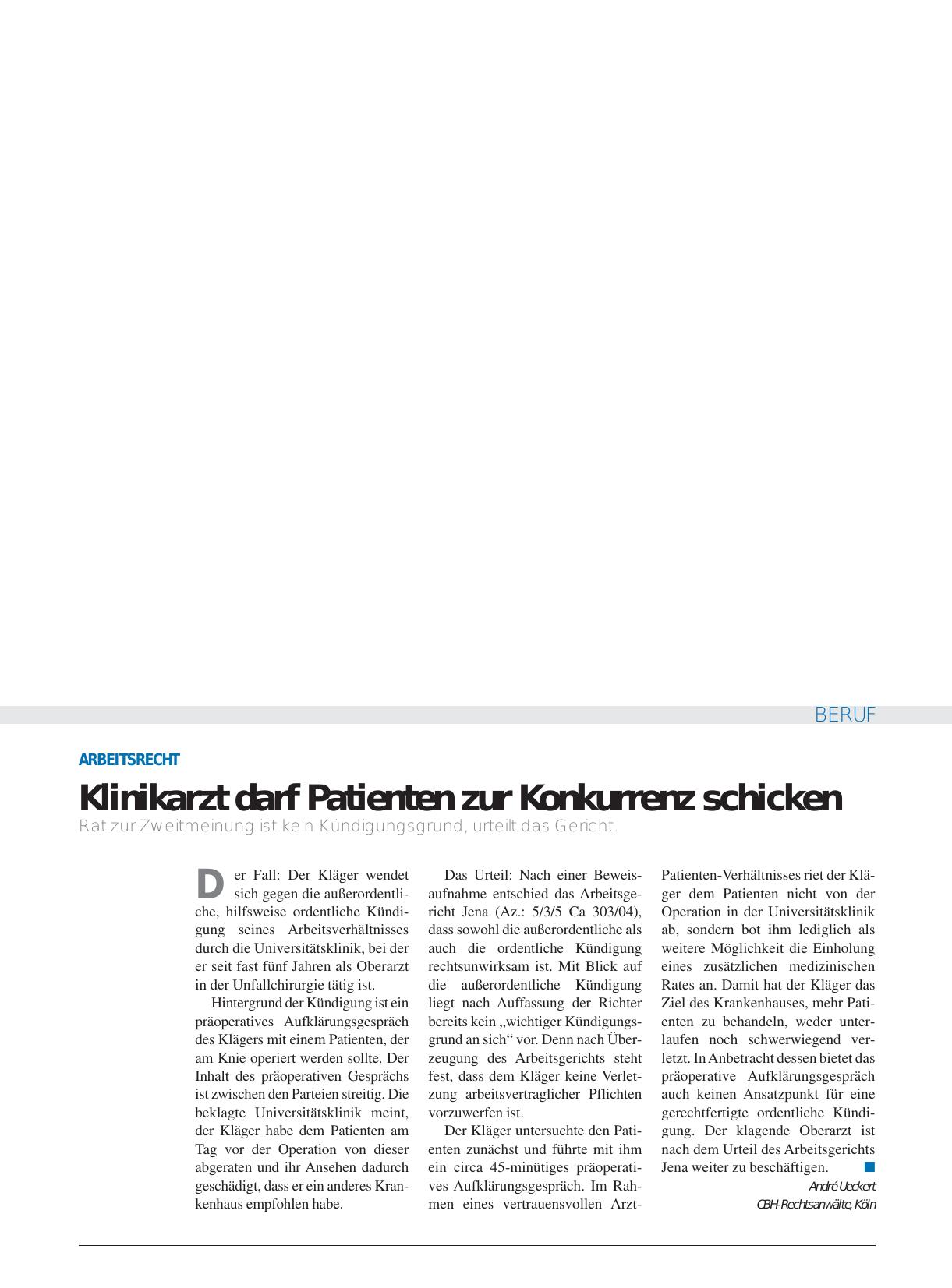 Vorschauseite 1: Arbeitsrecht: Klinikarzt darf Patienten zur Konkurrenz schicken