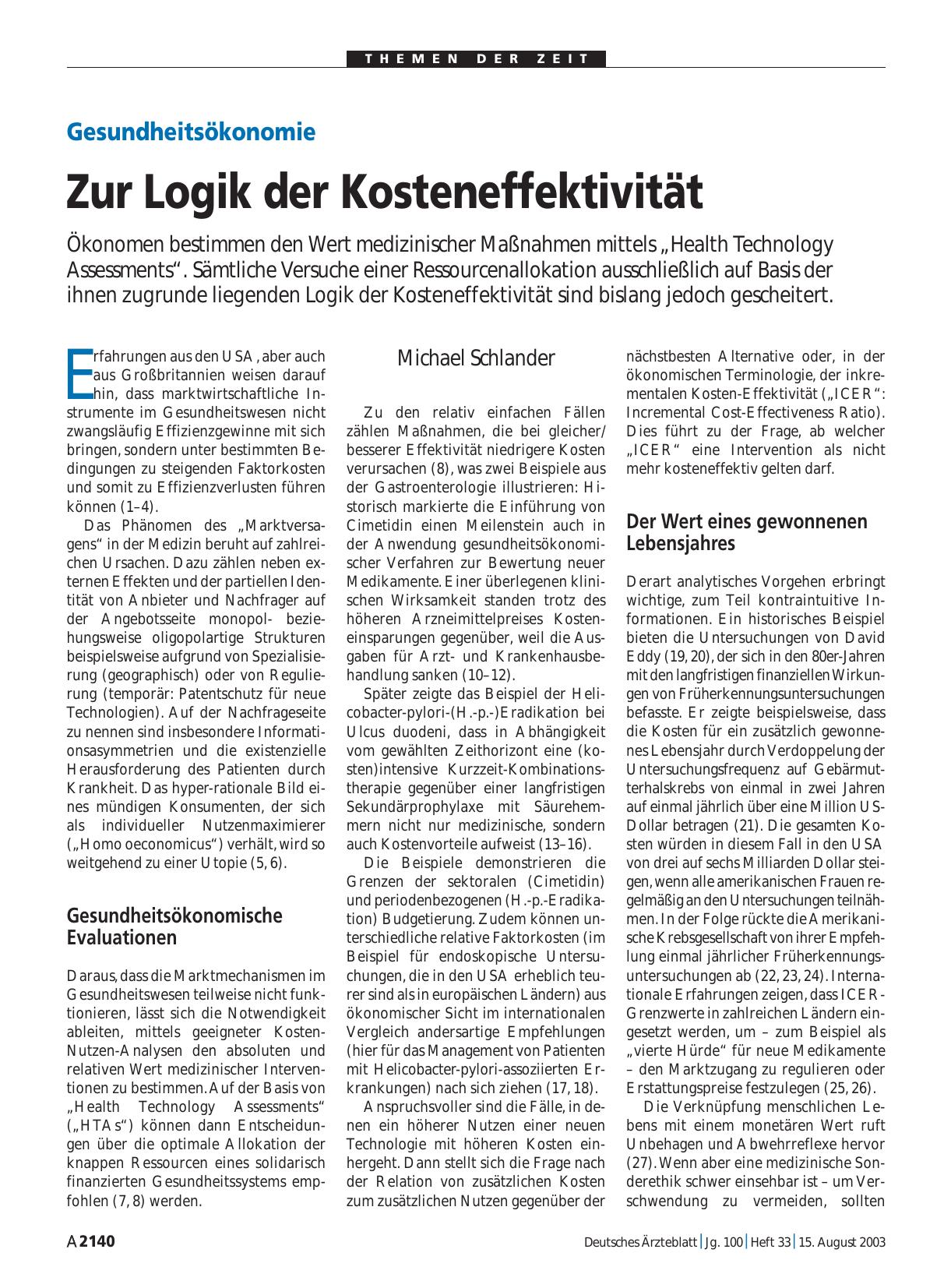 Vorschauseite 1: Gesundheitsökonomie: Zur Logik der Kosteneffektivität