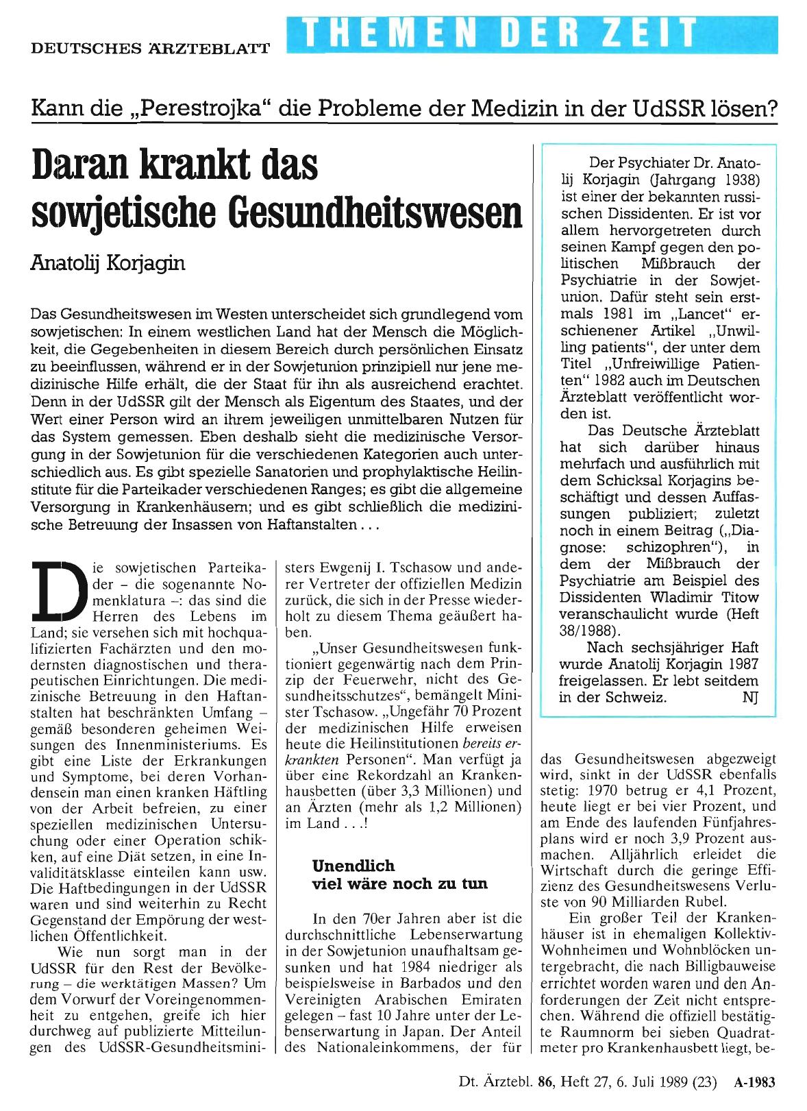 Vorschauseite 1: Kann die „Perestrojka“ die Probleme der Medizin in der UdSSR lösen? : Daran krankt das sowjetische Gesundheitswesen