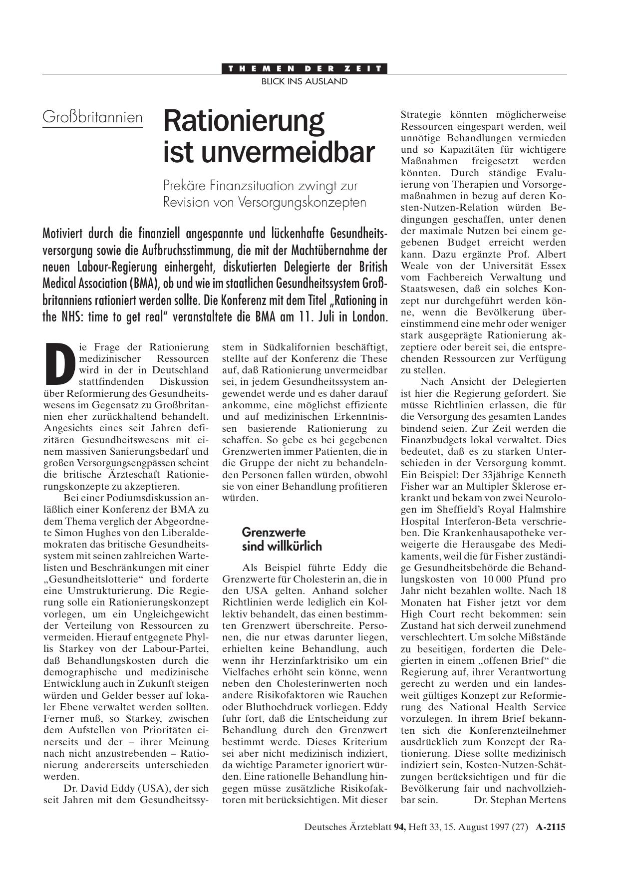 Vorschauseite 1: Großbritannien: Rationierung ist unvermeidbar