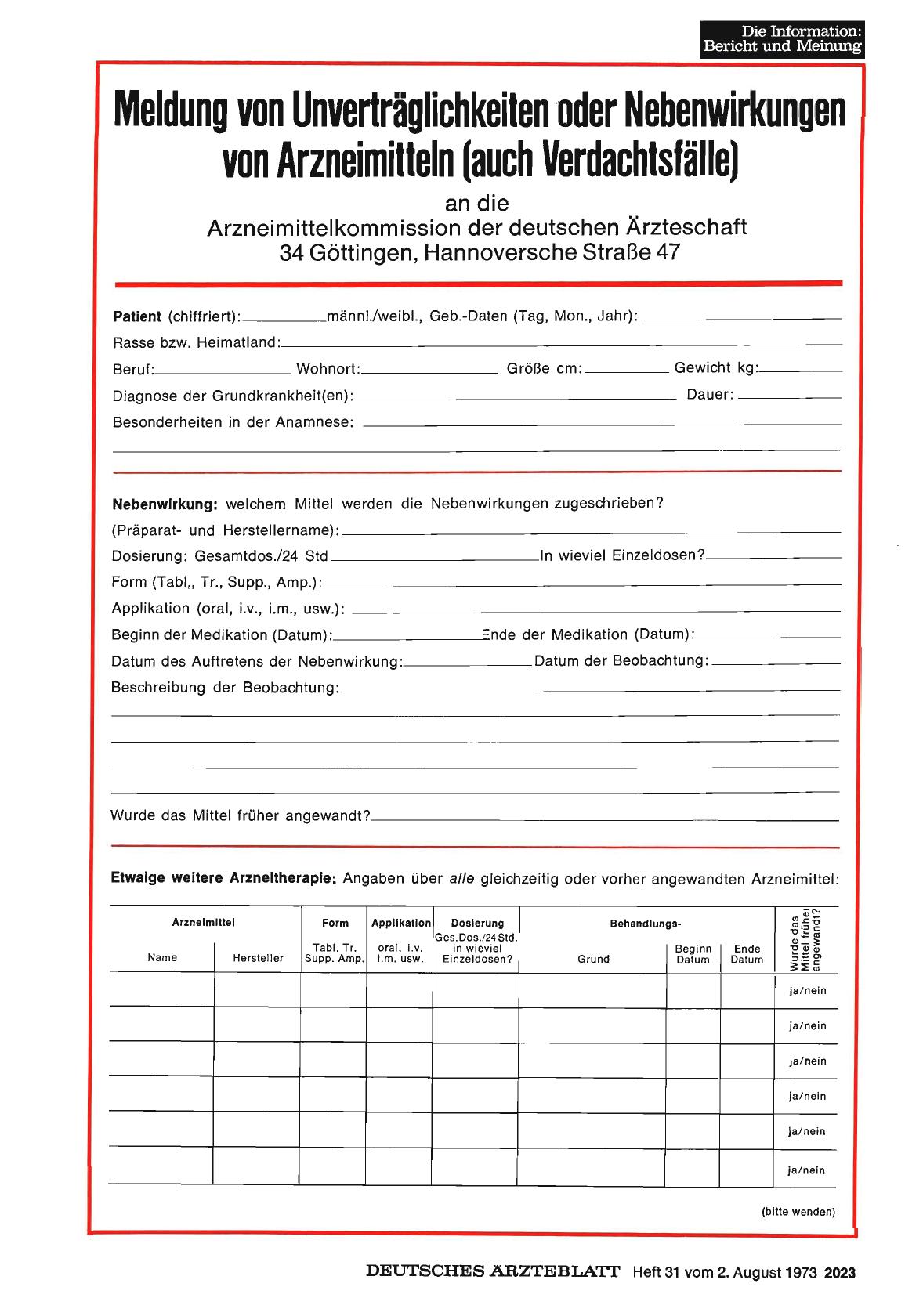 Vorschauseite 1: Meldung von Unverträglichkeiten oder Nebenwirkungen von Arzneimitteln