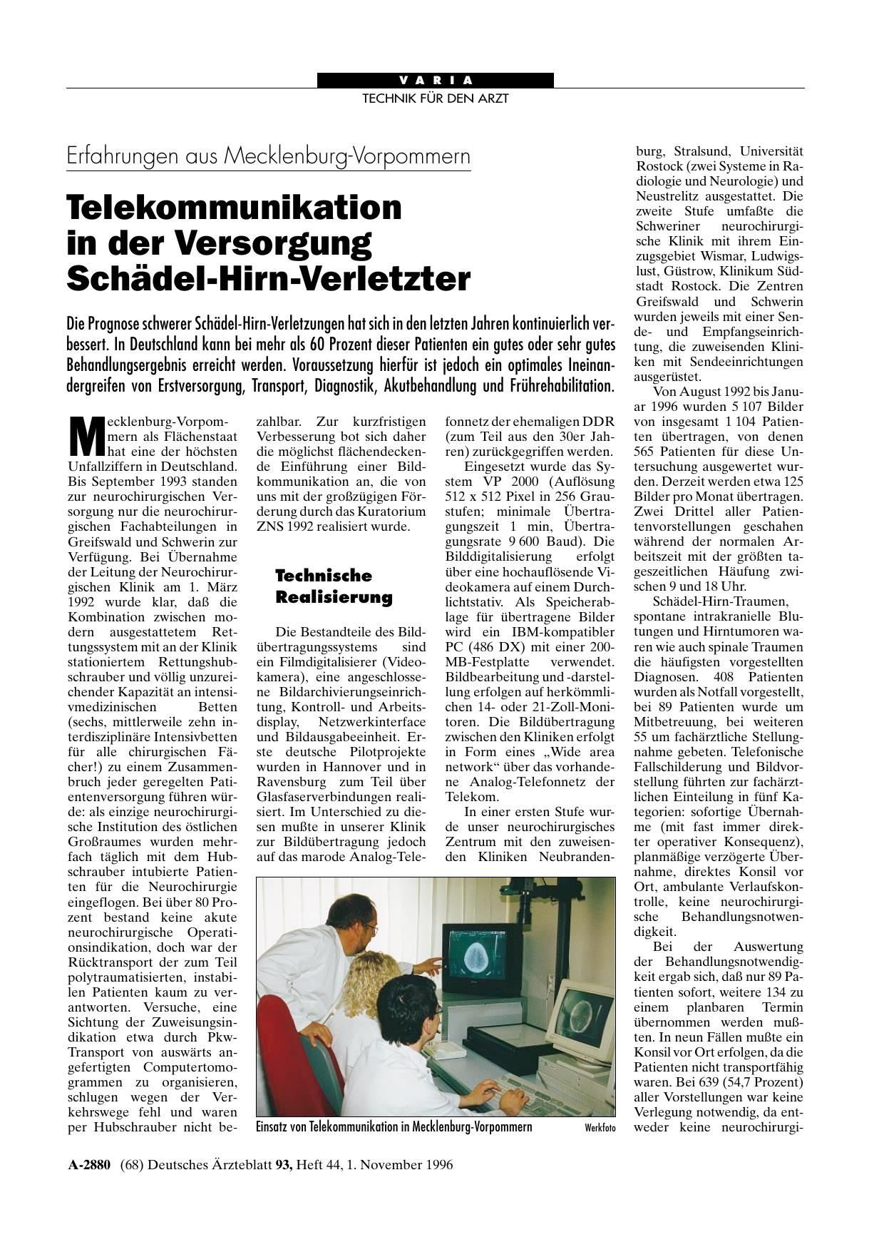 Vorschauseite 1: Erfahrungen aus Mecklenburg-Vorpommern: Telekommunikation in der Versorgung Schädel-Hirn-Verletzter