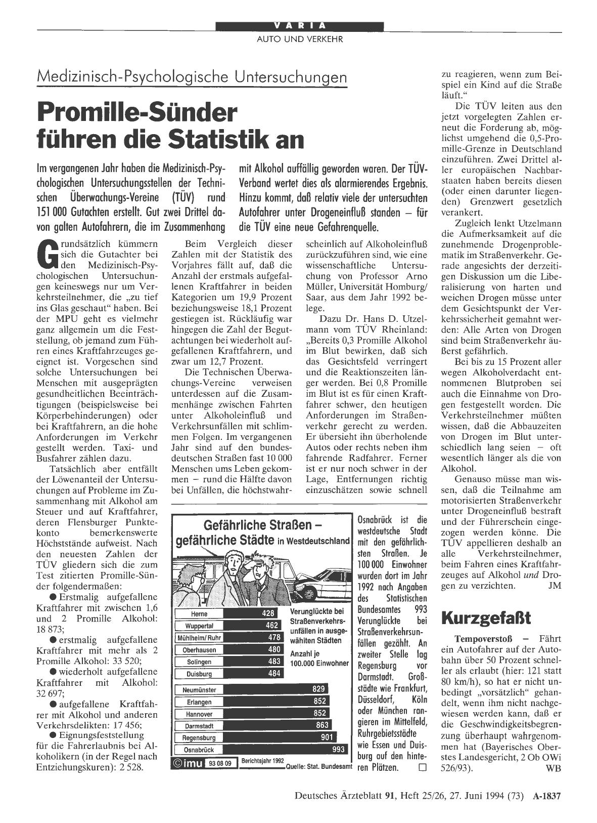 Vorschauseite 1: Medizinisch-Psychologische Untersuchungen: Promille-Sünder führen die Statistik an