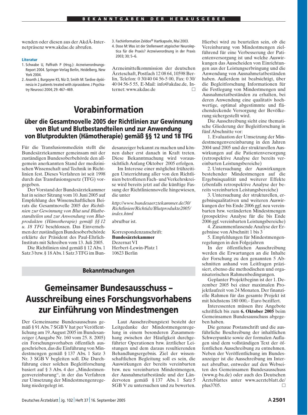 Vorschauseite 1: Vorabinformation über die Gesamtnovelle 2005 der Richtlinien zur Gewinnung von Blut und Blutbestandteilen und zur Anwendung von Blutprodukten (Hämotherapie) gemäß §§ 12 und 18 TFG
