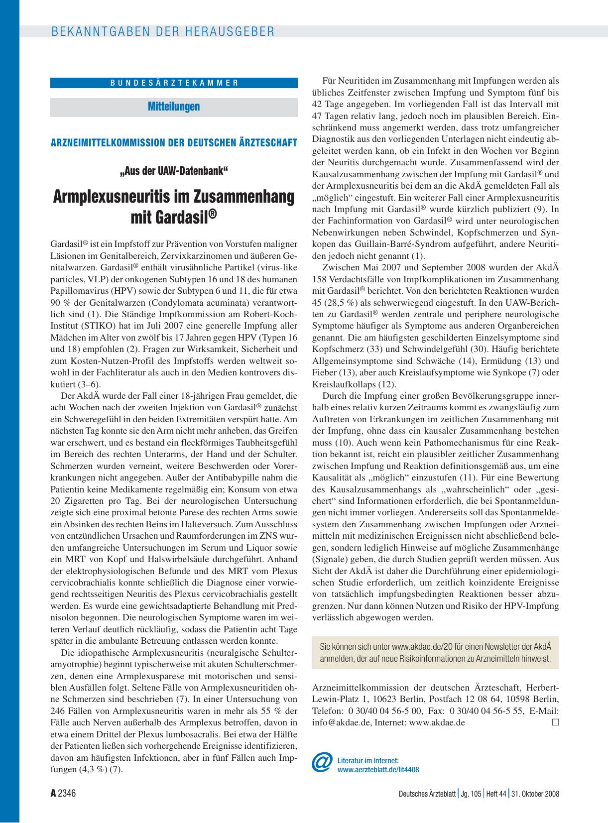 Vorschauseite 1: Arzneimittelkommission der deutschen Ärzteschaft: „Aus der UAW-Datenbank“ – Armplexusneuritis im Zusammenhang mit Gardasil®