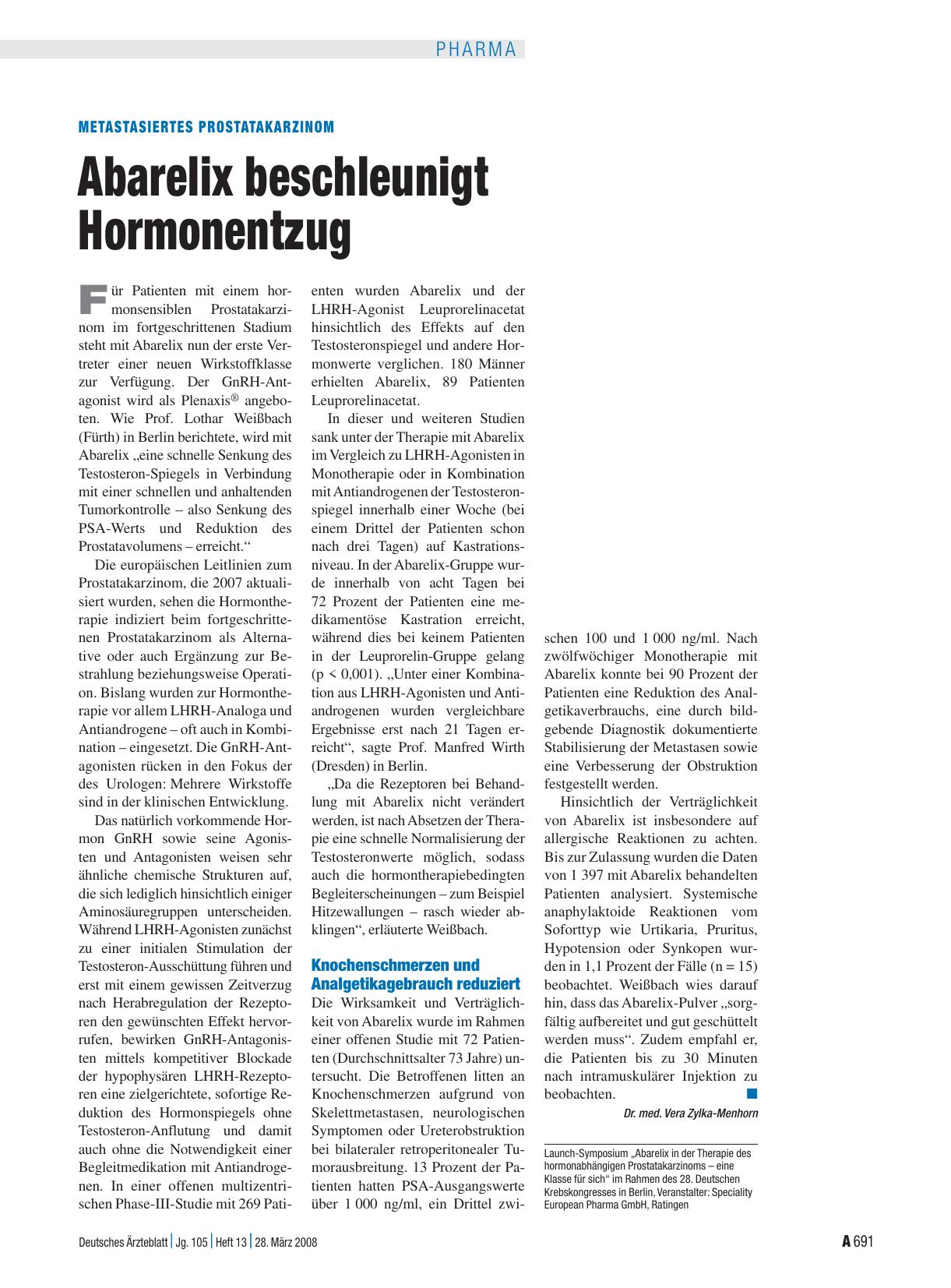 Vorschauseite 1: Metastasiertes Prostatakarzinom: Abarelix beschleunigt Hormonentzug