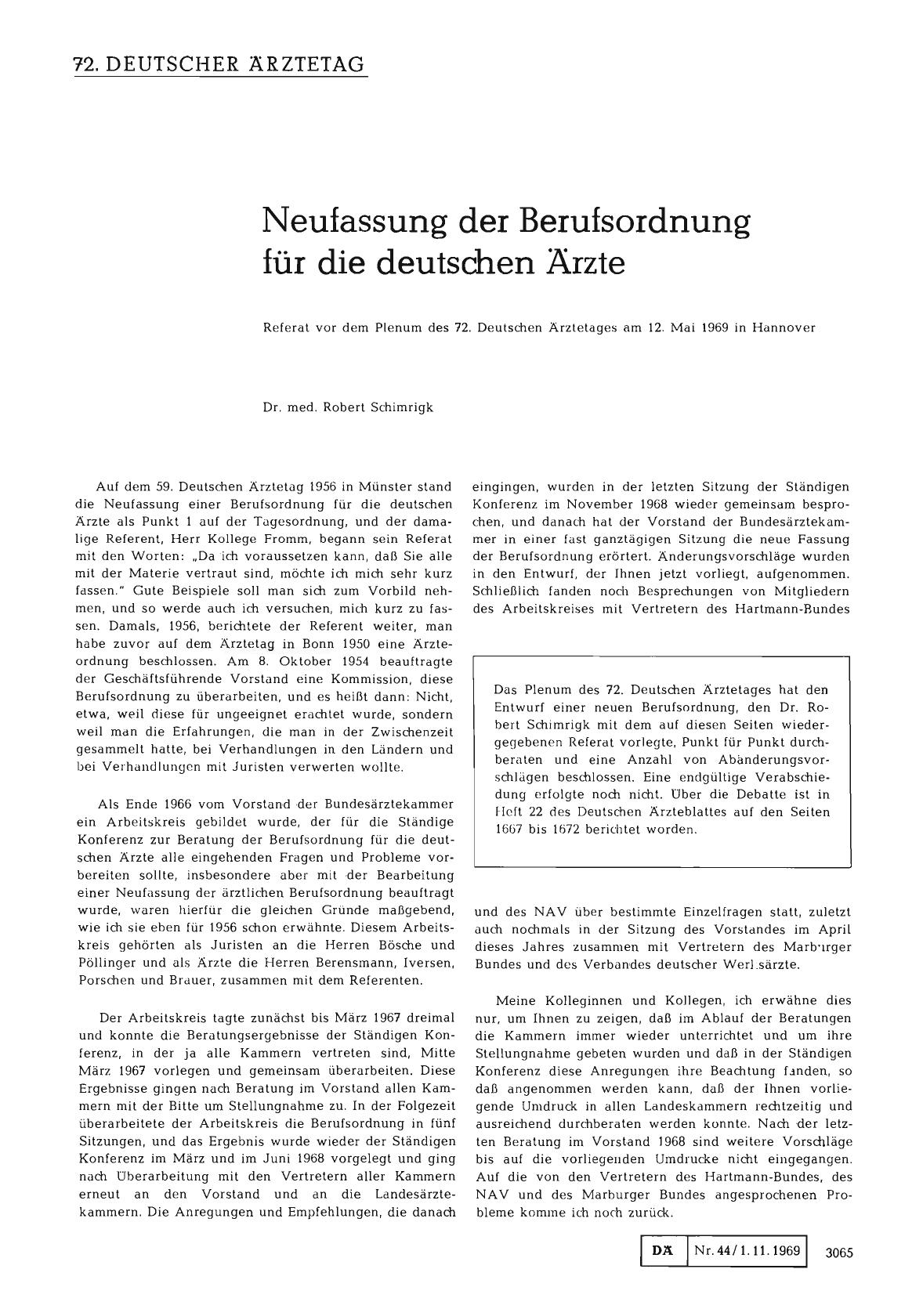 Vorschauseite 1: 72. Deutscher Ärztetag: Neufassung der Berufsordnung für die deutschen Ärzte