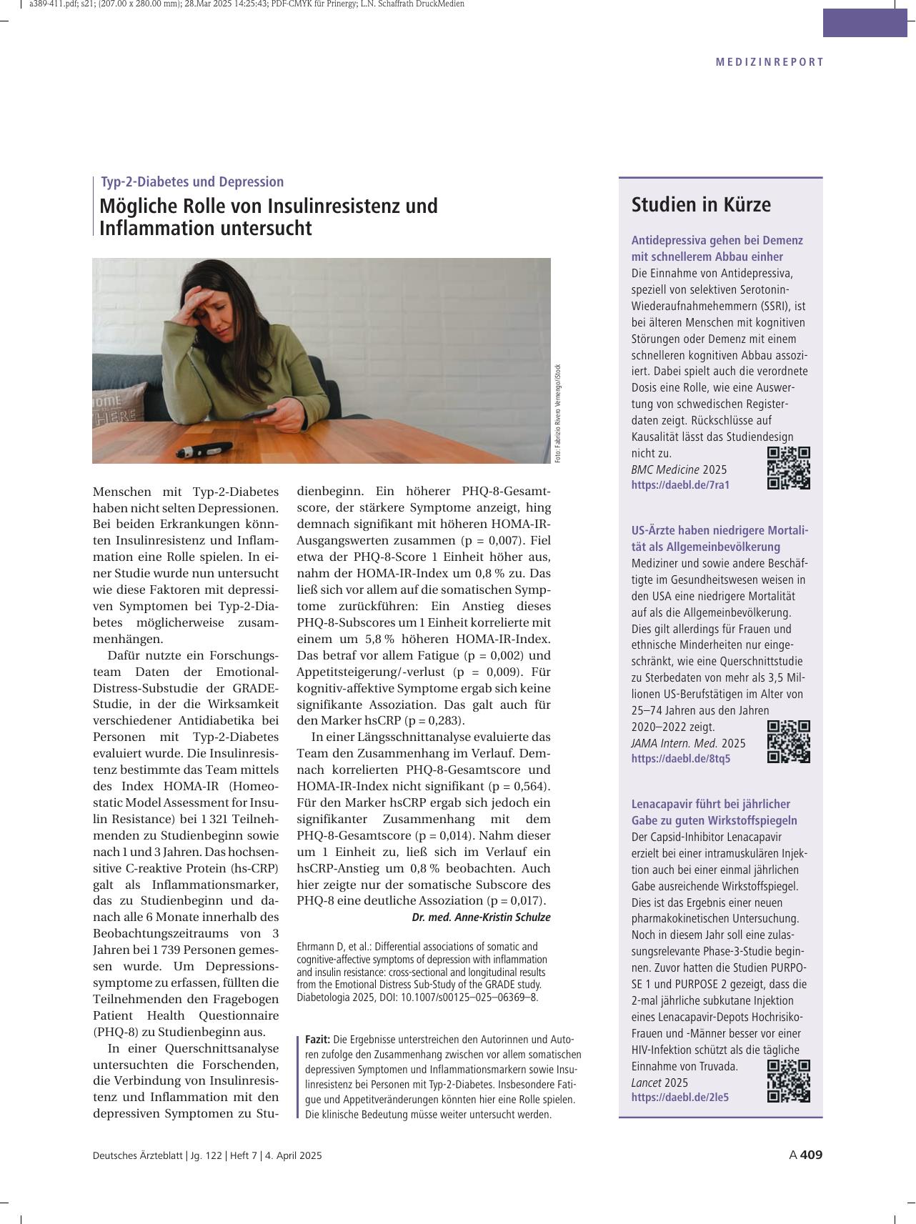 Vorschauseite 1: Typ-2-Diabetes und Depression: Mögliche Rolle von Insulinresistenz und Inflammation untersucht