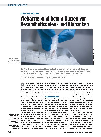 Vorschauseite 1: Deklaration von Taipeh: Weltärztebund betont Nutzen von Gesundheitsdatenund Biobanken