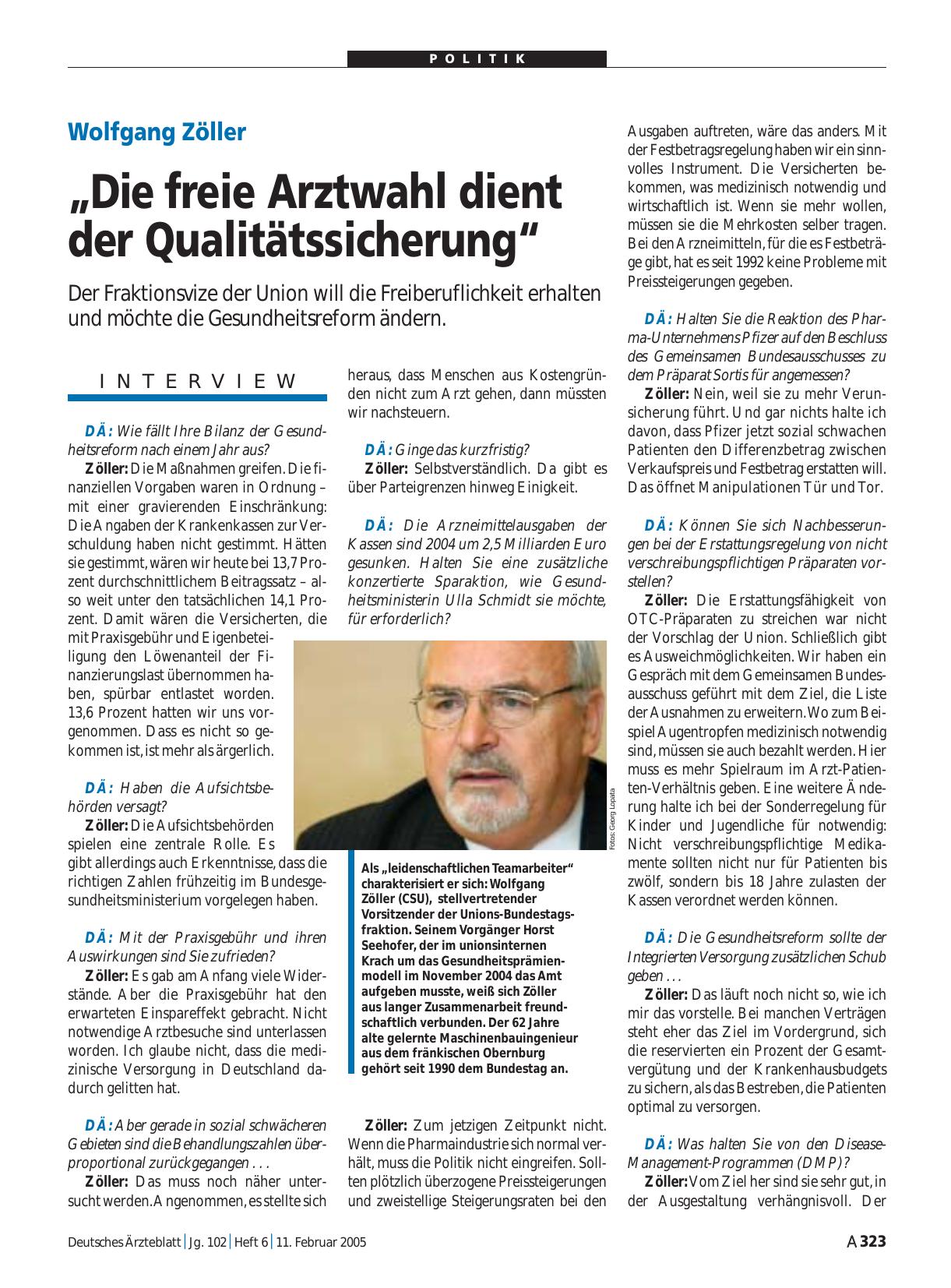 Vorschauseite 1: Wolfgang Zöller: „Die freie Arztwahl dient der Qualitätssicherung“