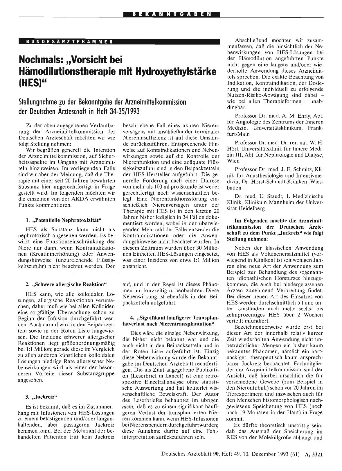 Vorschauseite 1: Nochmals: „Vorsicht bei Hämodilutionstherapie mit Hydroxyethylstärke (HES)“