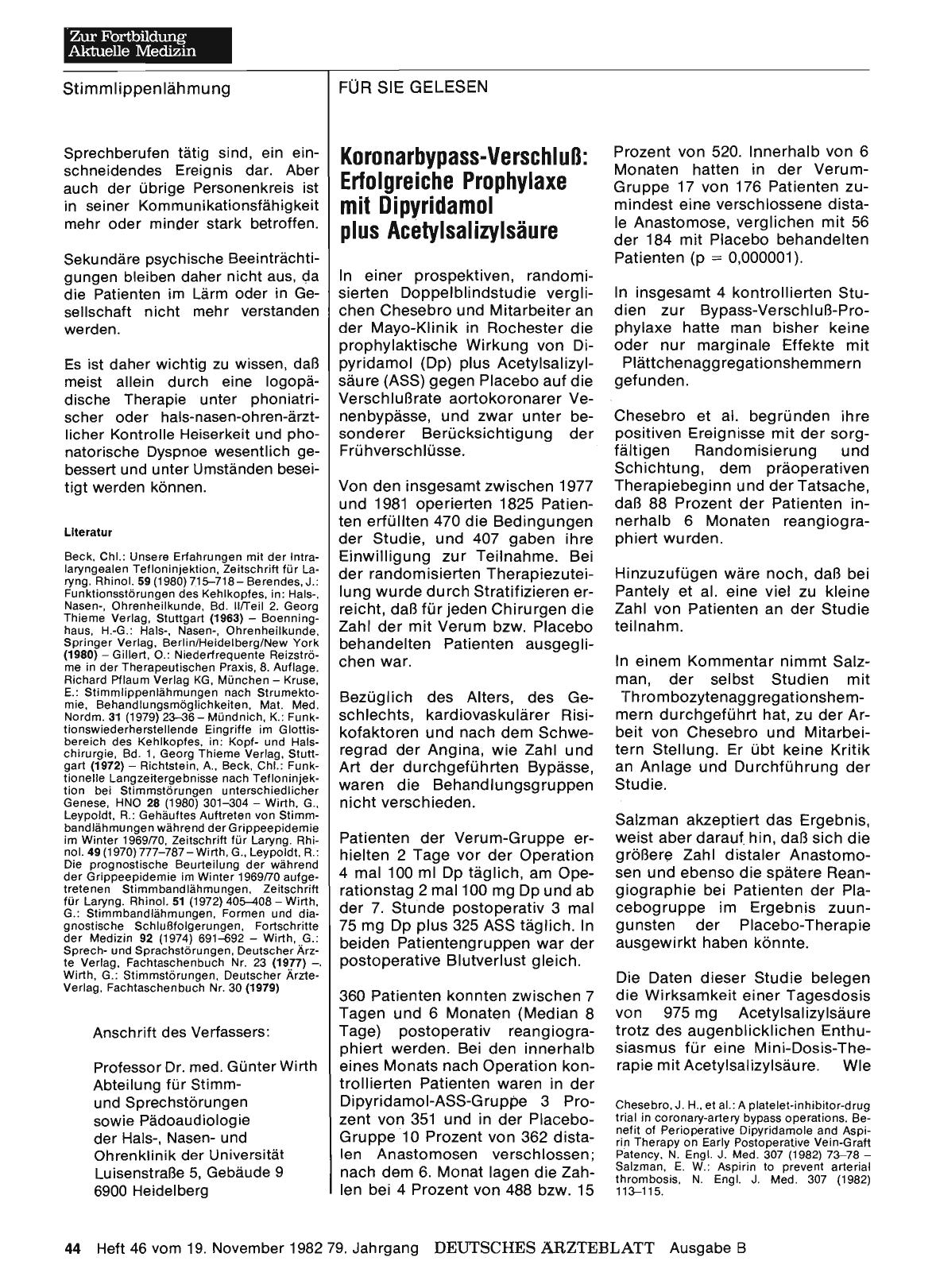 Vorschauseite 1: Koronarbypass-Verschluß: Erfolgreiche Prophylaxe mit Dipyridamol plus Acetylsalizylsäure