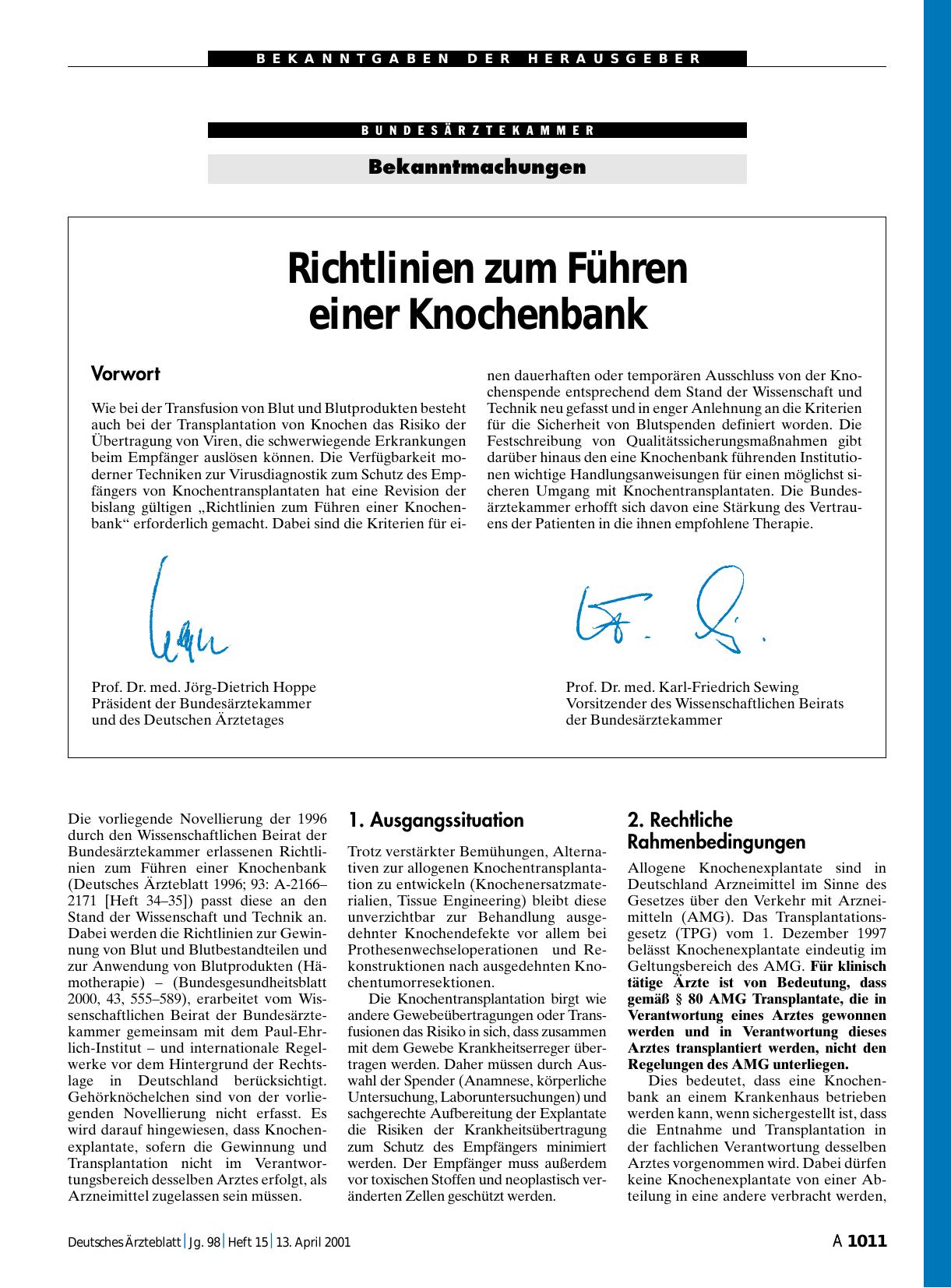 Vorschauseite 1: Richtlinien zum Führen einer Knochenbank