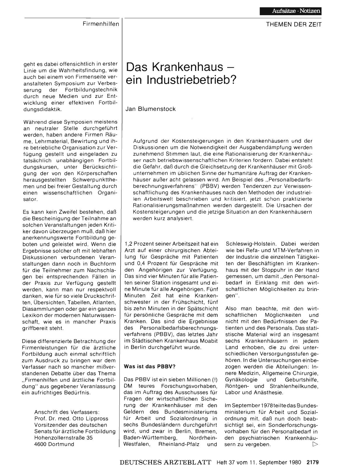 Vorschauseite 1: Das Krankenhaus — ein Industriebetrieb?