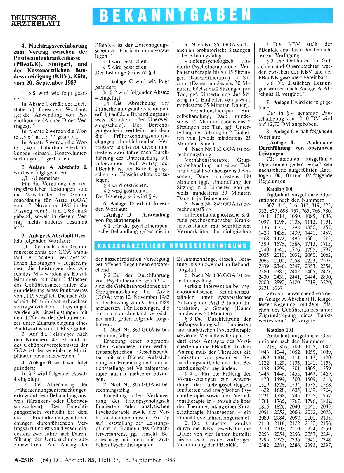 Vorschauseite 1: 4. Nachtragsvereinbarung zum Vertrag zwischen der Postbeamtenkrankenkasse (PBeaKK), Stuttgart, und der Kassenärztlichen Bundesvereinigung (KBV), Köln, vom 20. September 1983