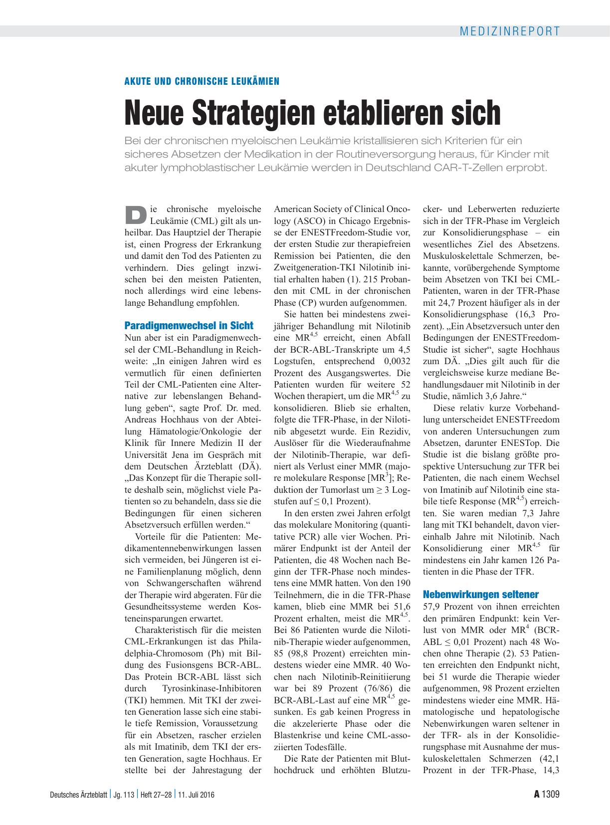 Vorschauseite 1: Akute und chronische Leukämien: Neue Strategien etablieren sich