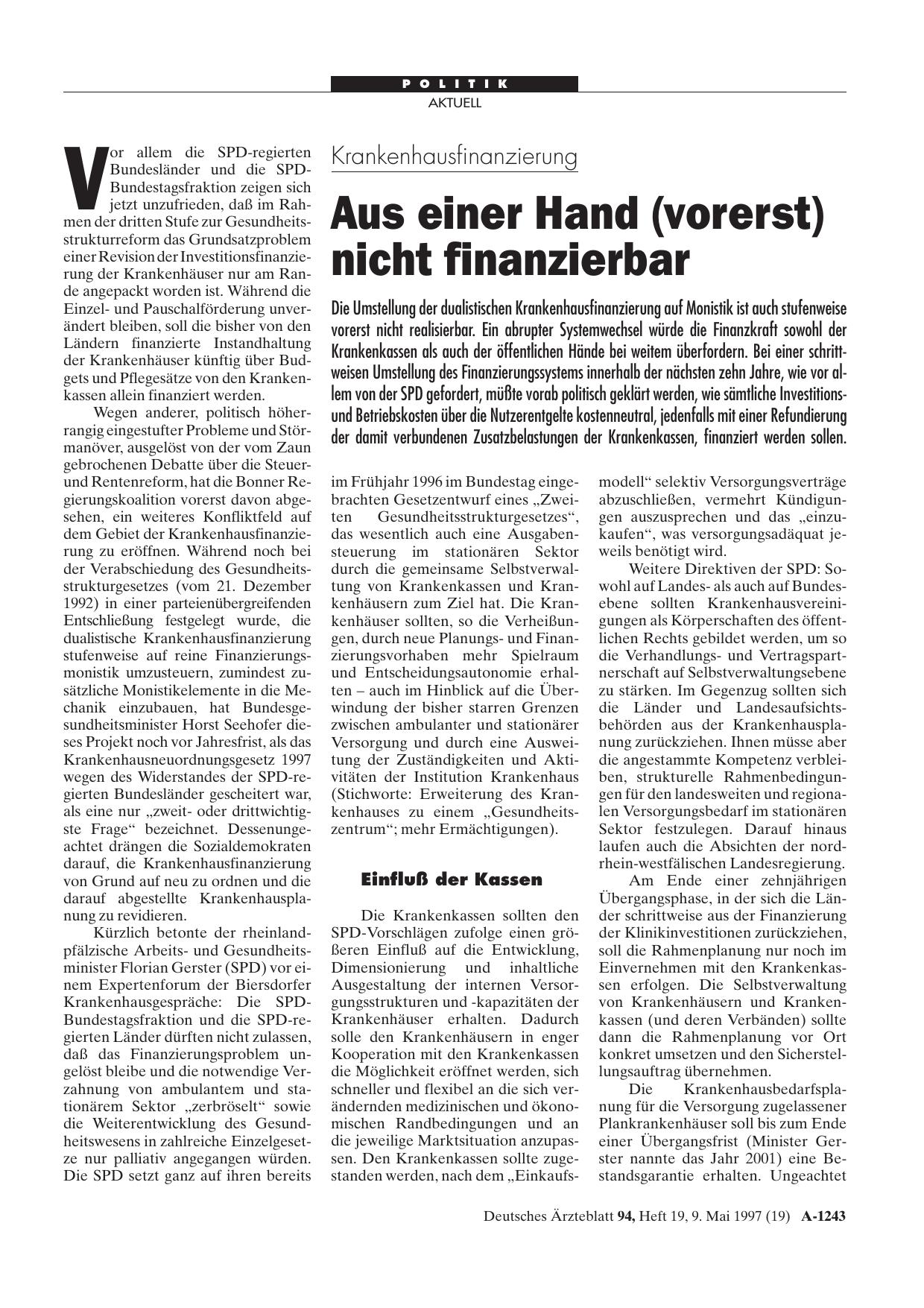 Vorschauseite 1: Krankenhausfinanzierung: Aus einer Hand (vorerst) nicht finanzierbar
