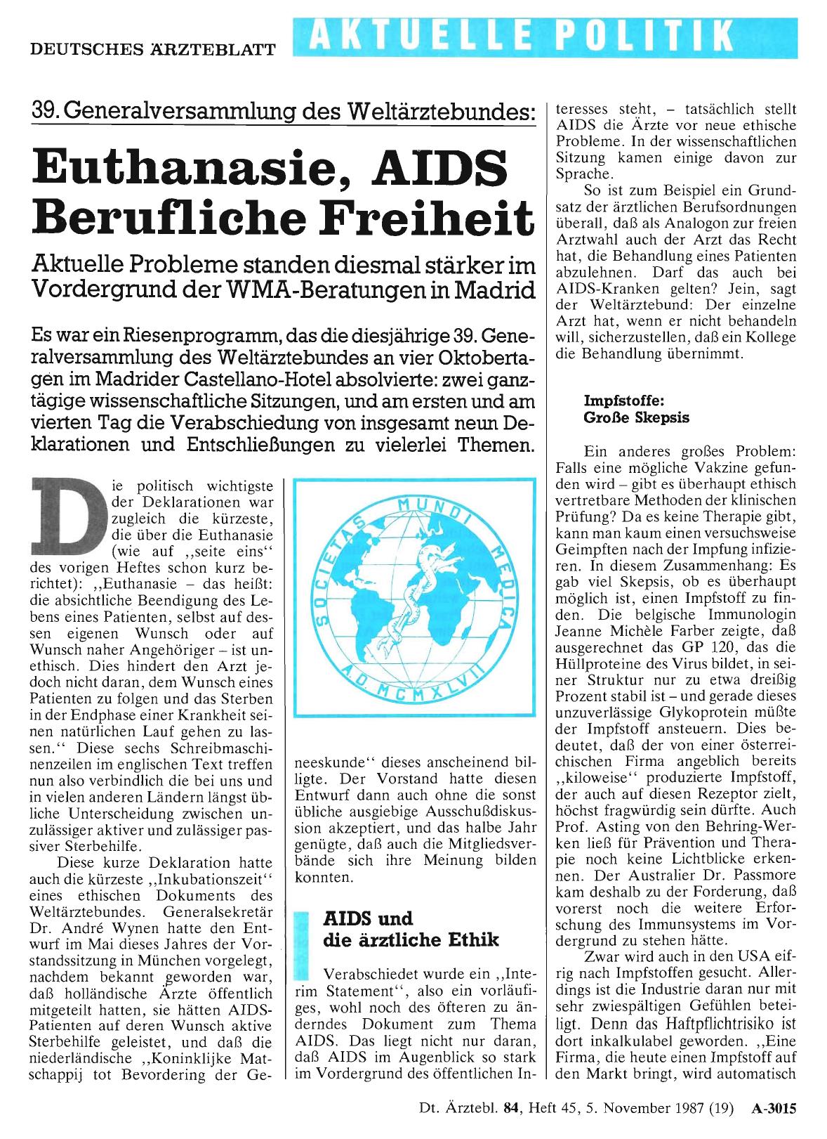 Vorschauseite 1: 39. Generalversammlung des Weltärztebundes: Euthanasie, AIDS, Berufliche Freiheit