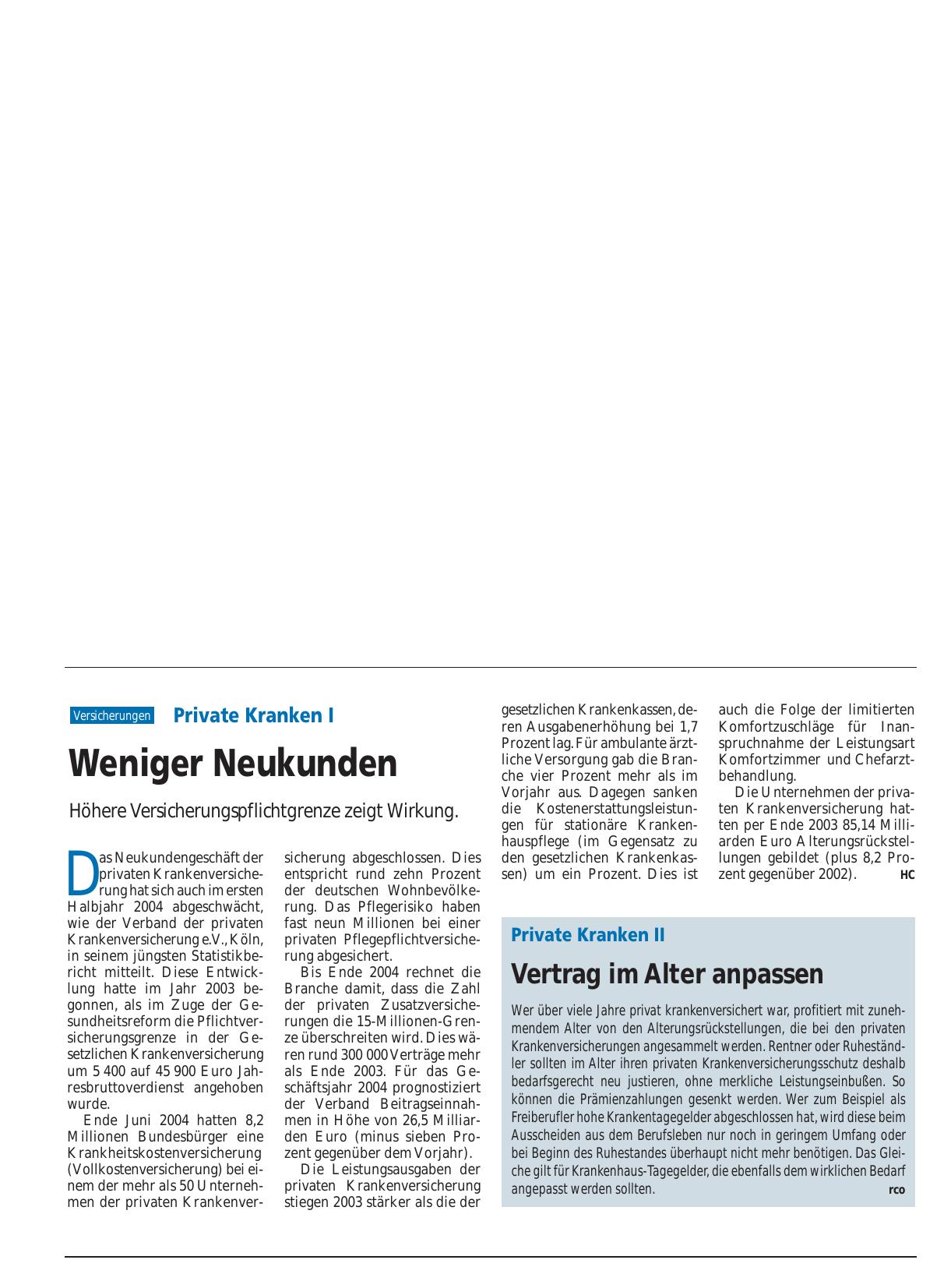 Vorschauseite 1: Private Kranken I: Weniger Neukunden