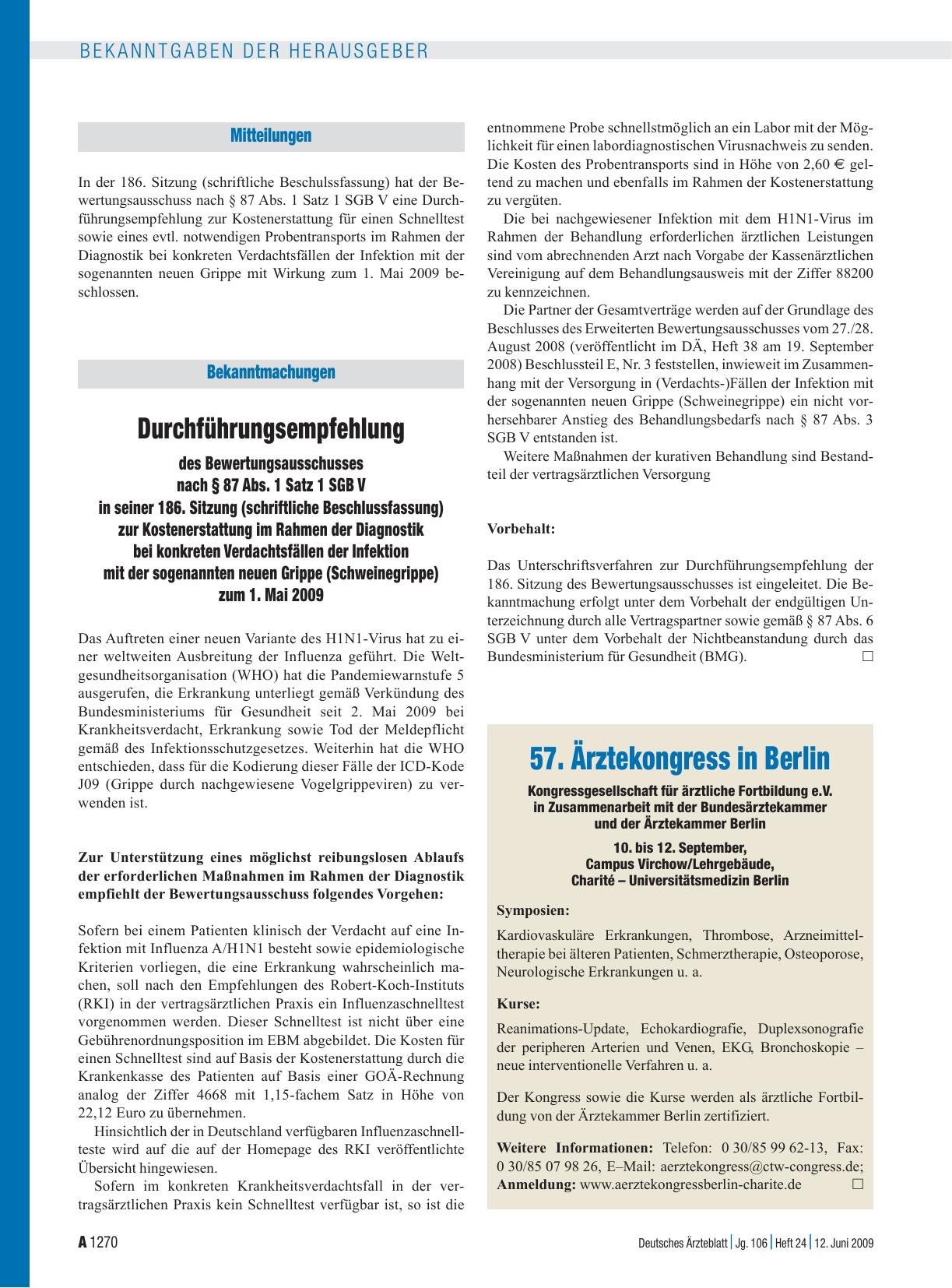 Vorschauseite 1: Bekanntmachungen: Durchführungsempfehlung des Bewertungsausschusses nach § 87 Abs. 1 Satz 1 SGB V in seiner 186. Sitzung (schriftliche Beschlussfassung) zur Kostenerstattung im Ra…