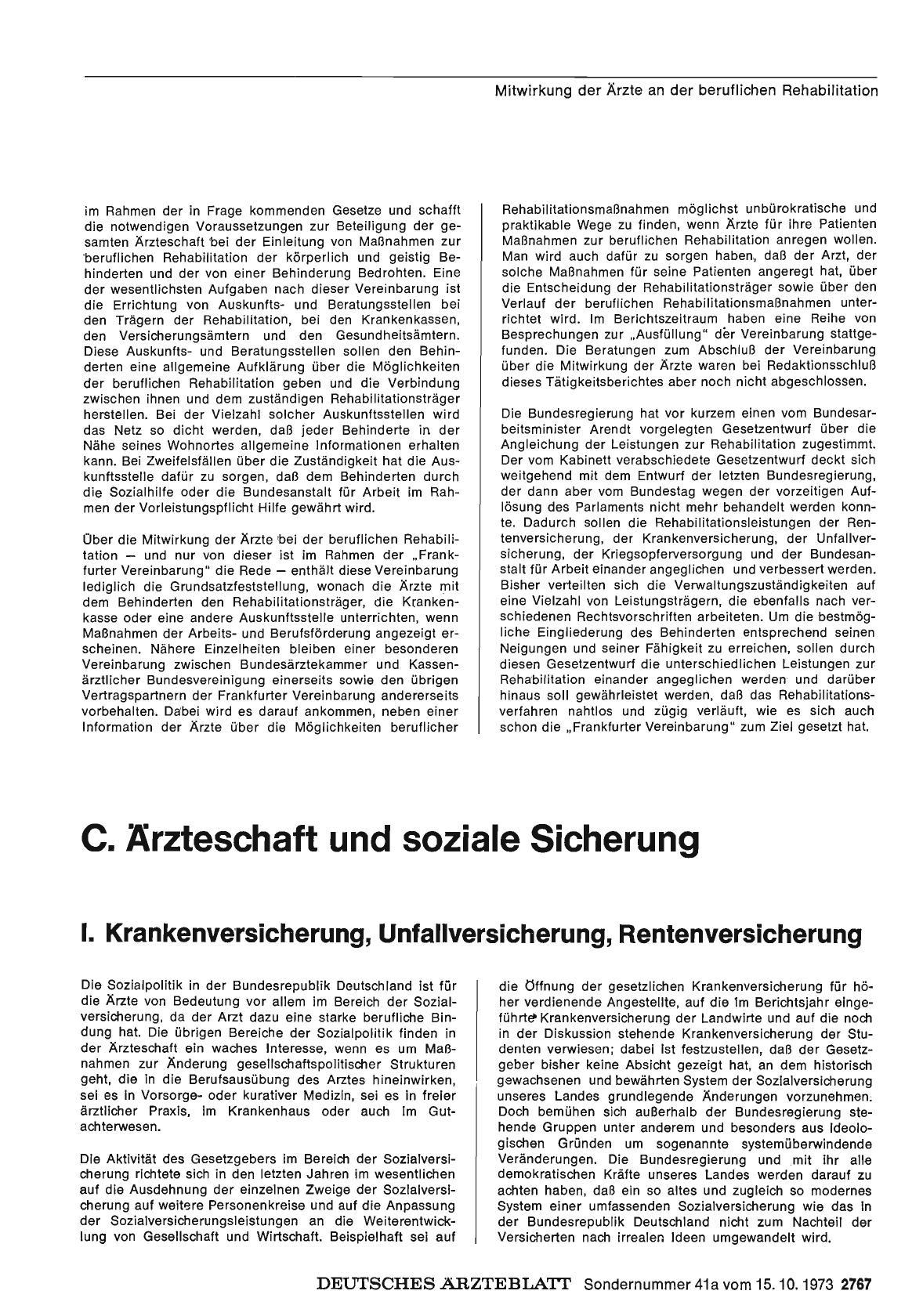 Vorschauseite 1: Bericht über das Jahr 1972/73: C. Ärzteschaft und soziale Sicherung: I. Krankenversicherung, Unfallversicherung, Rentenversicherung