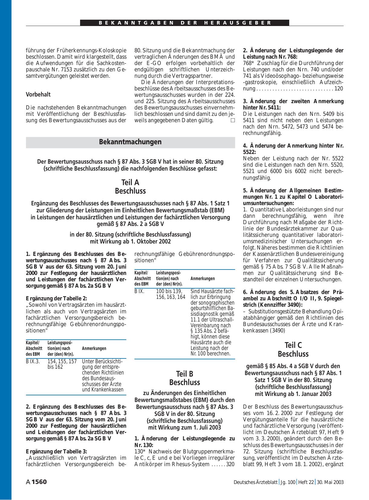 Vorschauseite 1: Bekanntmachungen: Der Bewertungsausschuss nach § 87 Abs. 3 SGB V hat in seiner 80. Sitzung (schriftliche Beschlussfassung) die nachfolgenden Beschlüsse gefasst