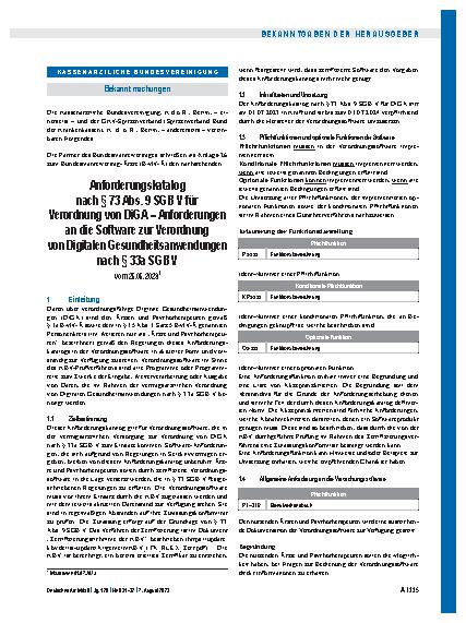 Vorschauseite 1: Anforderungskatalog nach § 73 Abs. 9 SGB V für Verordnung von DiGA – Anforderungen an die Software zur Verordnung von Digitalen Gesundheitsanwendungen nach § 33a SGB V vom 25. 05.…