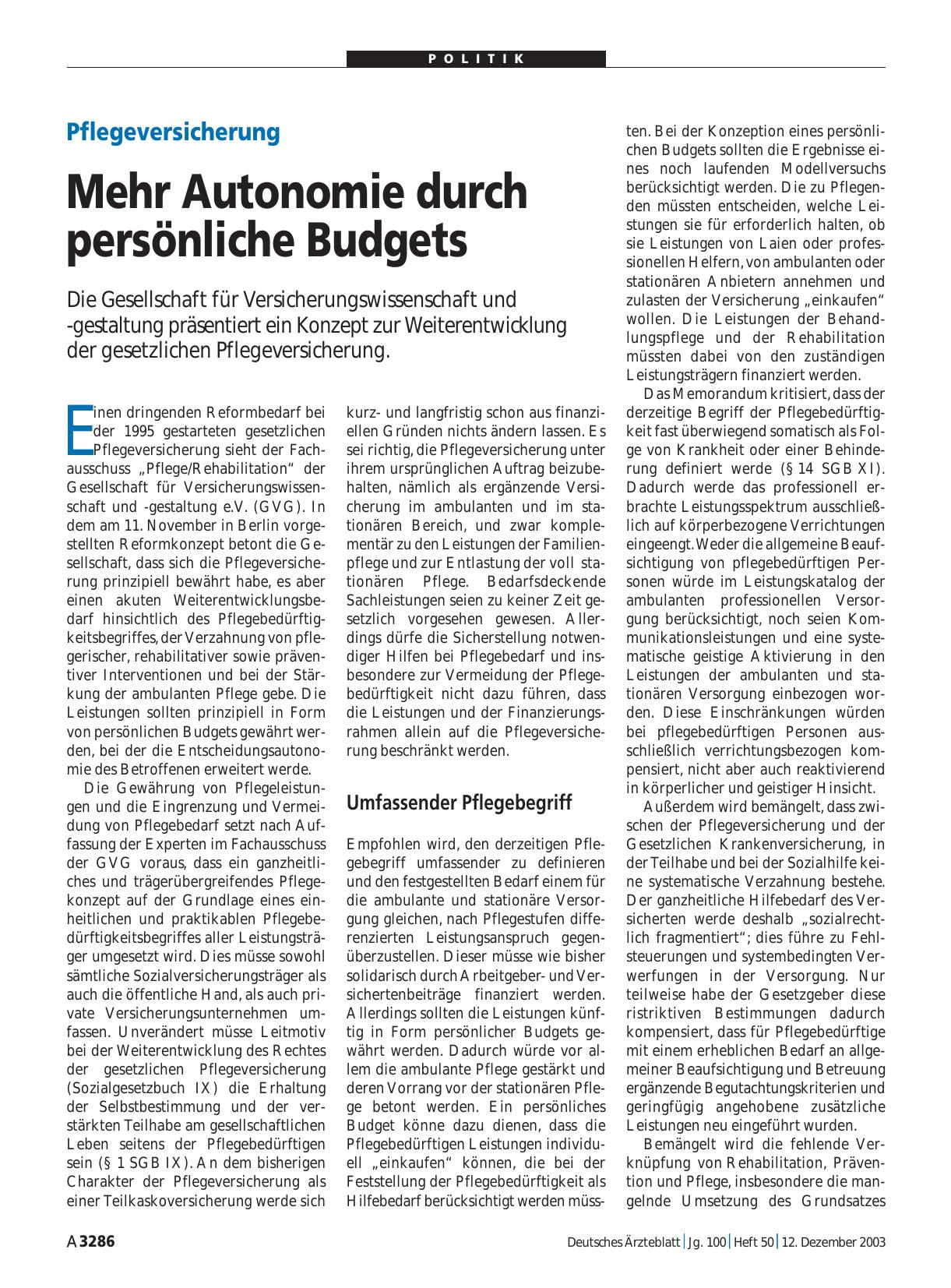 Vorschauseite 1: Pflegeversicherung: Mehr Autonomie durch persönliche Budgets