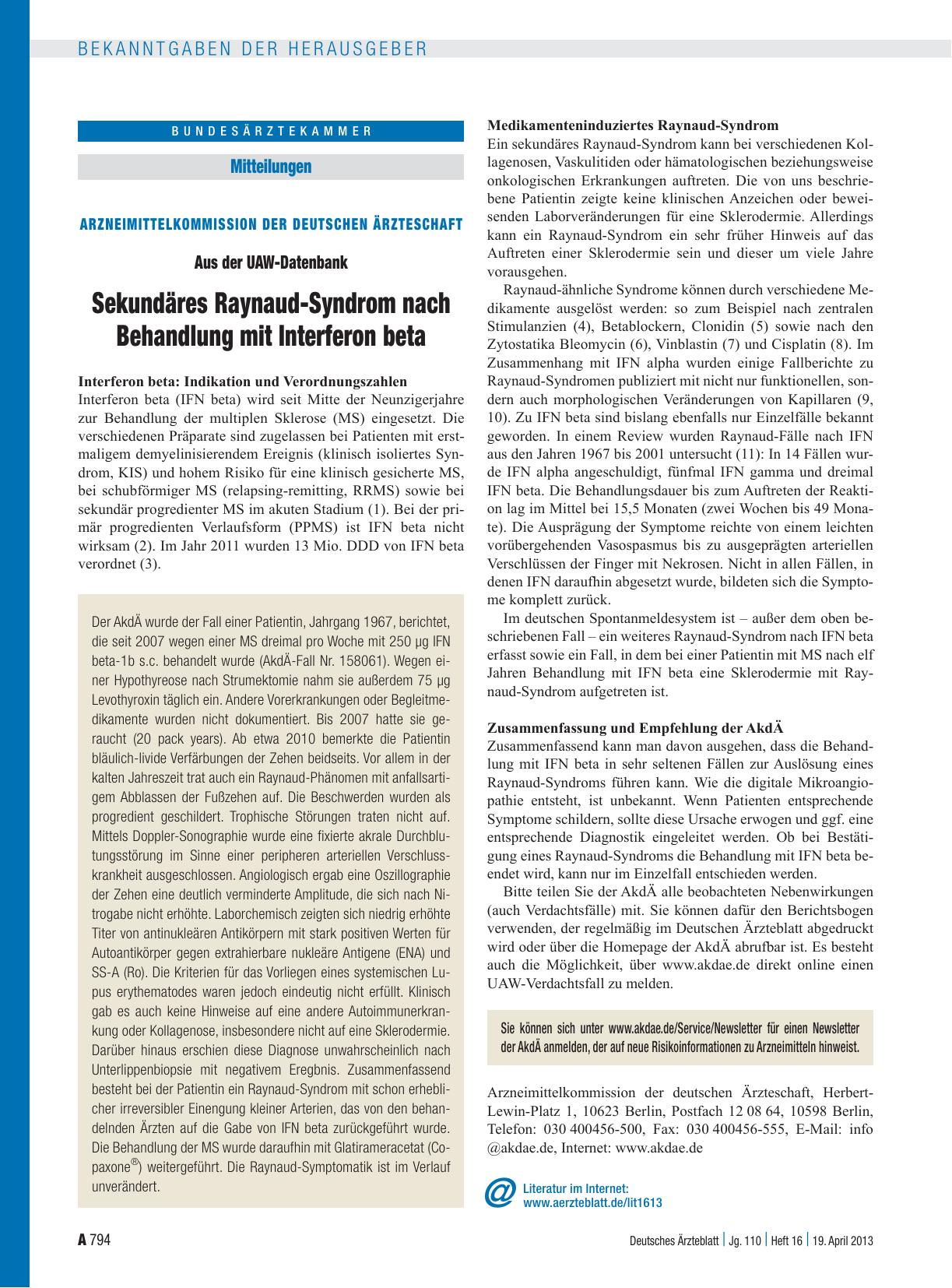Vorschauseite 1: Arzneimittelkommission der Deutschen Ärzteschaft: Aus der UAW-Datenbank – Sekundäres Raynaud-Syndrom nach Behandlung mit Interferon beta